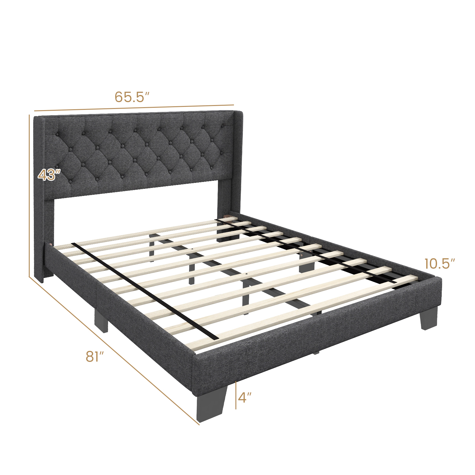 SUGIFT Solid Wooden Slat Upholstered Platform Bed with Button Tufted Headboard 400-Lb Capacity Queen Size Gray