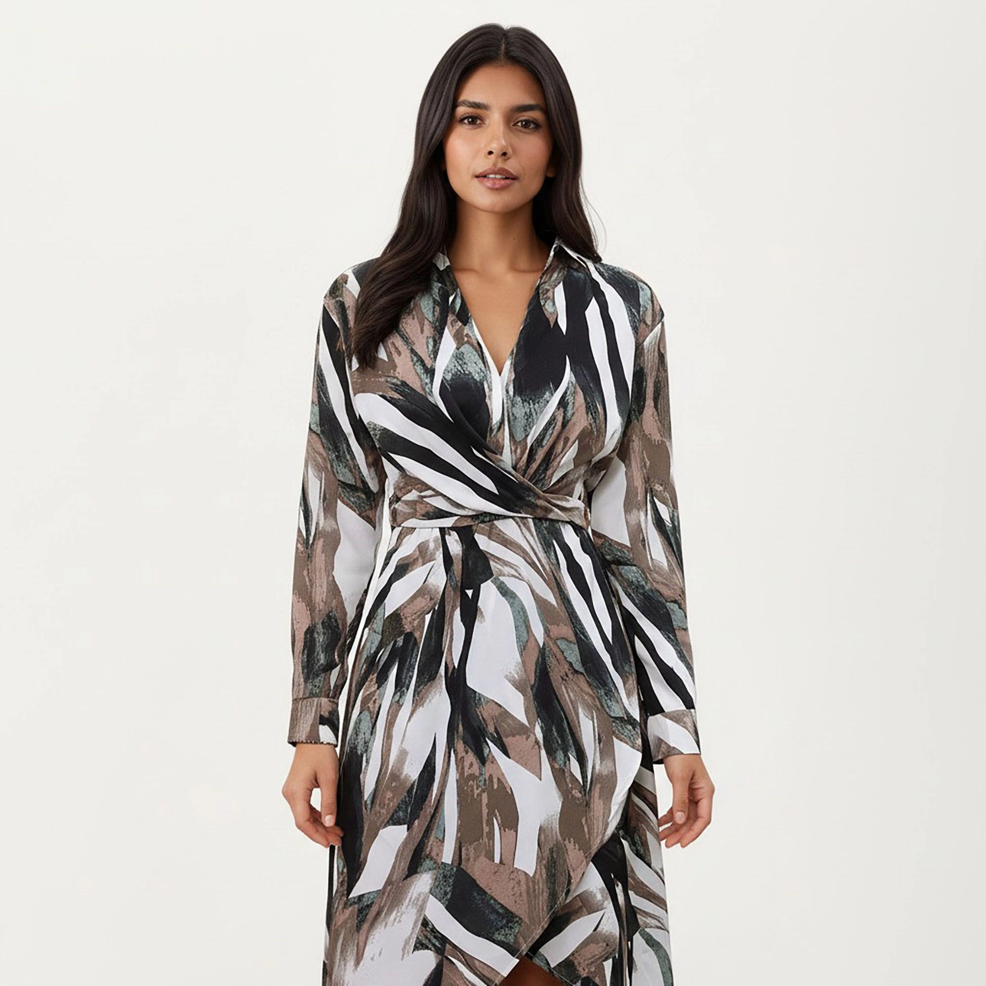 Anna-Kaci Women's Abstract Print Long Sleeve Belt Asymmetrical Hem Wrap Dress