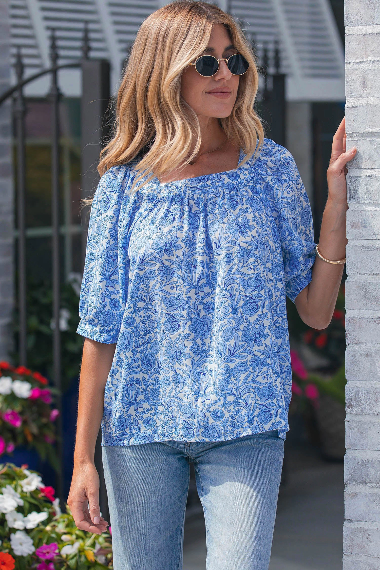Threaded Pear Womens Lyanna Pleated Square-Neck Floral Blouse - Sky Blue