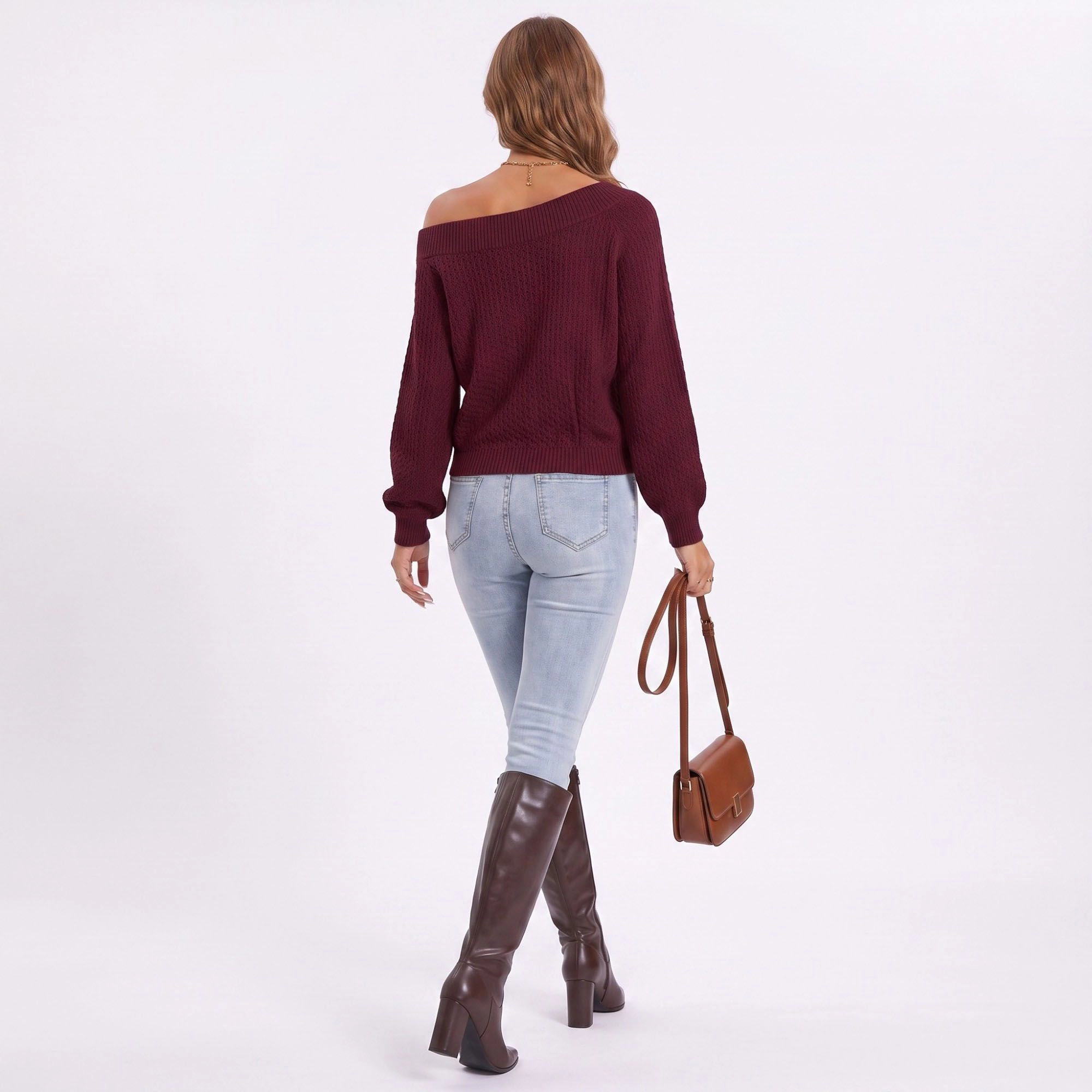 Anna-Kaci Women's Off Shoulder Front Twist Knit Long Sleeve Sweater