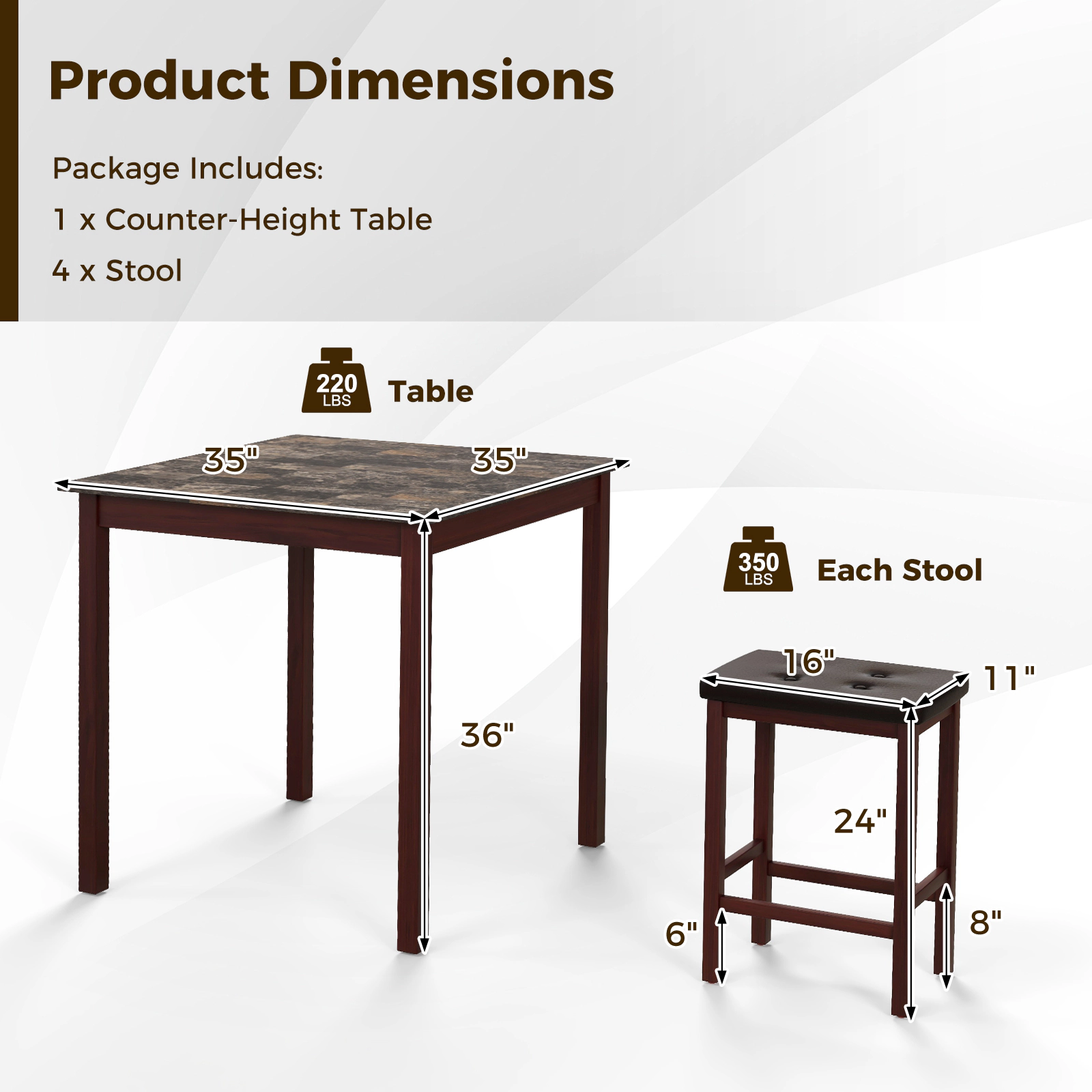 SUGIFT 5-Piece Counter-Height Dining Set for 4, 35-In Square Table with 4 Padded Stools