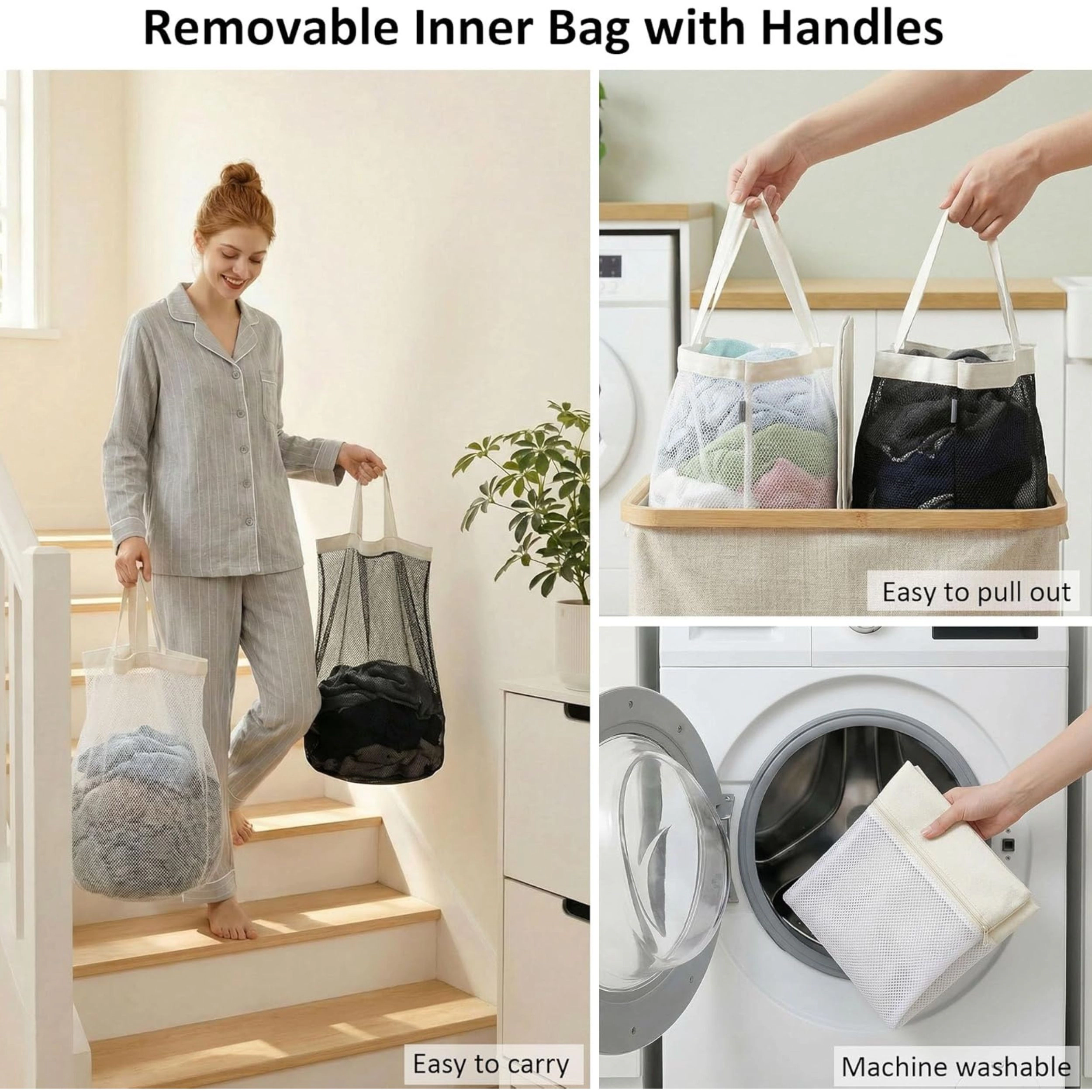 Stock Preferred 140L Double Laundry Hamper with Lid 2 Removable Bags and Bamboo Handles