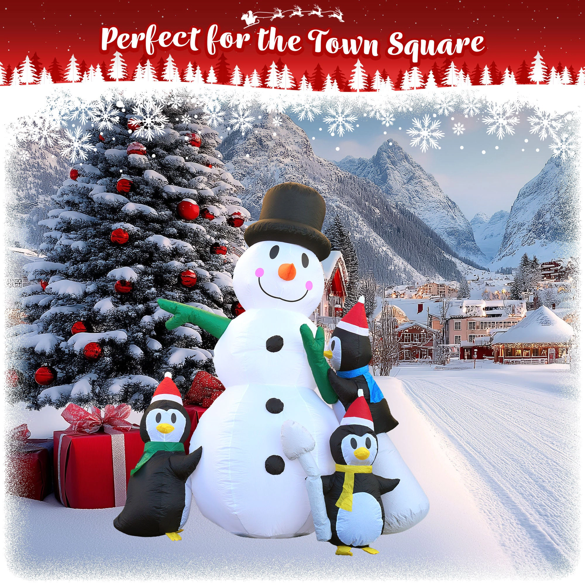 G128 8 ft Snowman with Three Penguins Inflatable, LED Lights, Weather-Resistant Outdoor Decor