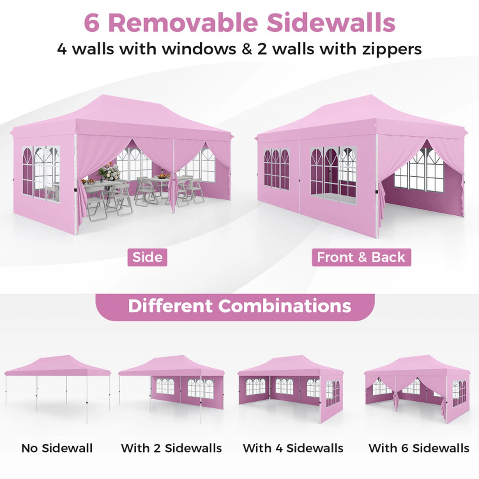 SUGIFT Pink 10-ft by 20-ft 3-Level UPF50+ 210D Oxford Pop Up Canopy Tent with 6 Sidewalls and Windows