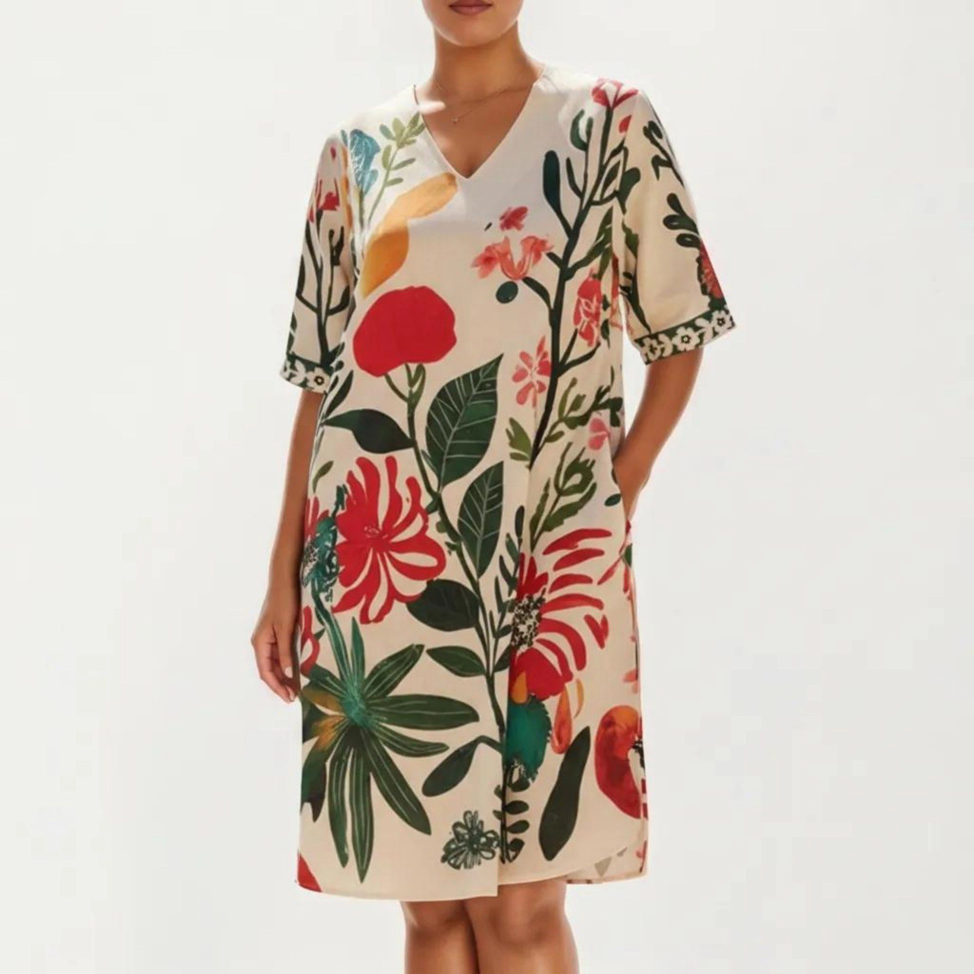 Anna-Kaci Womens Plus Floral V-Neck Short Sleeve Shift Dress