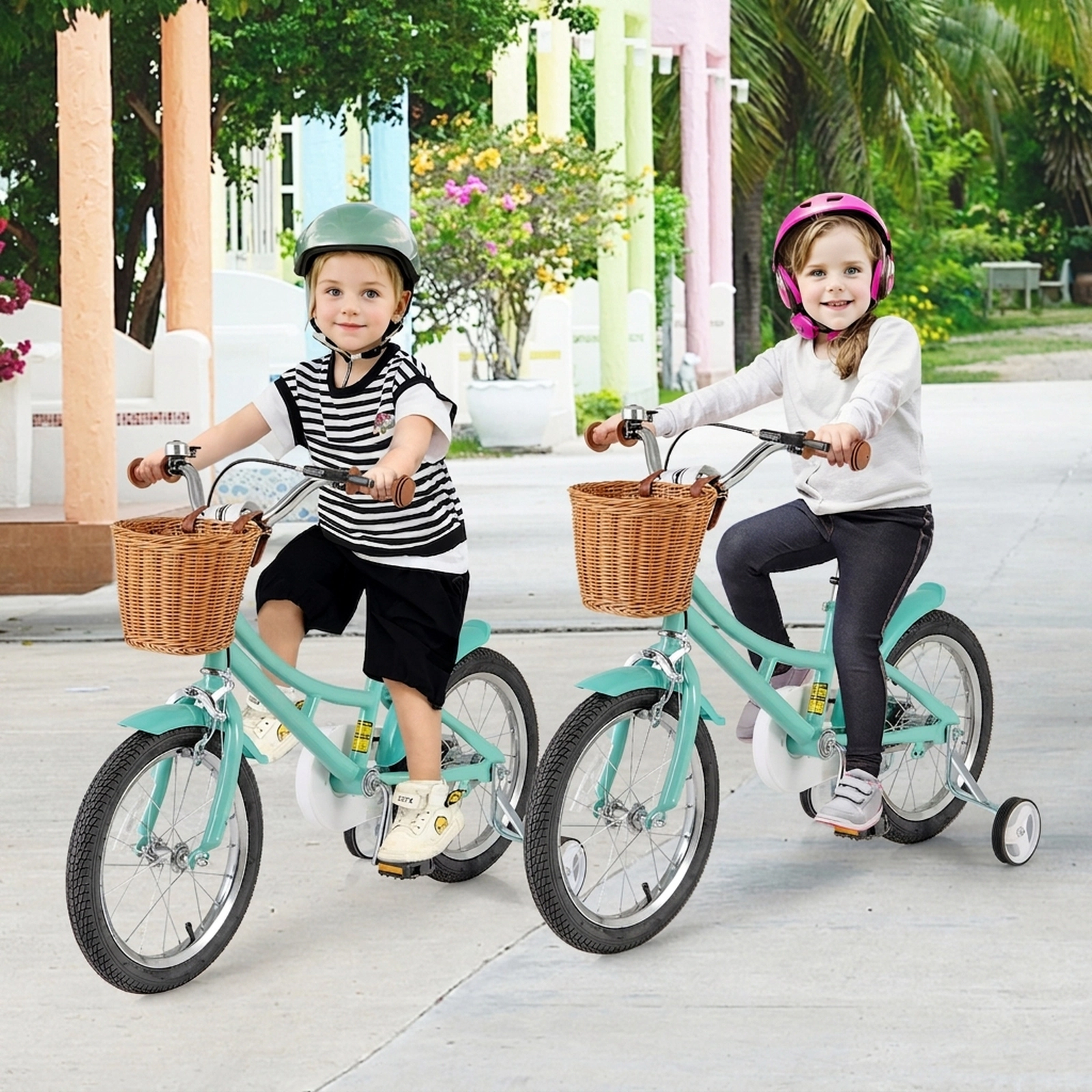 16-in Kids Bike 21-in to 23.5-in Inseam Training Wheels Hand/Coaster Brakes Storage Basket Bell Ages 4-7 Green