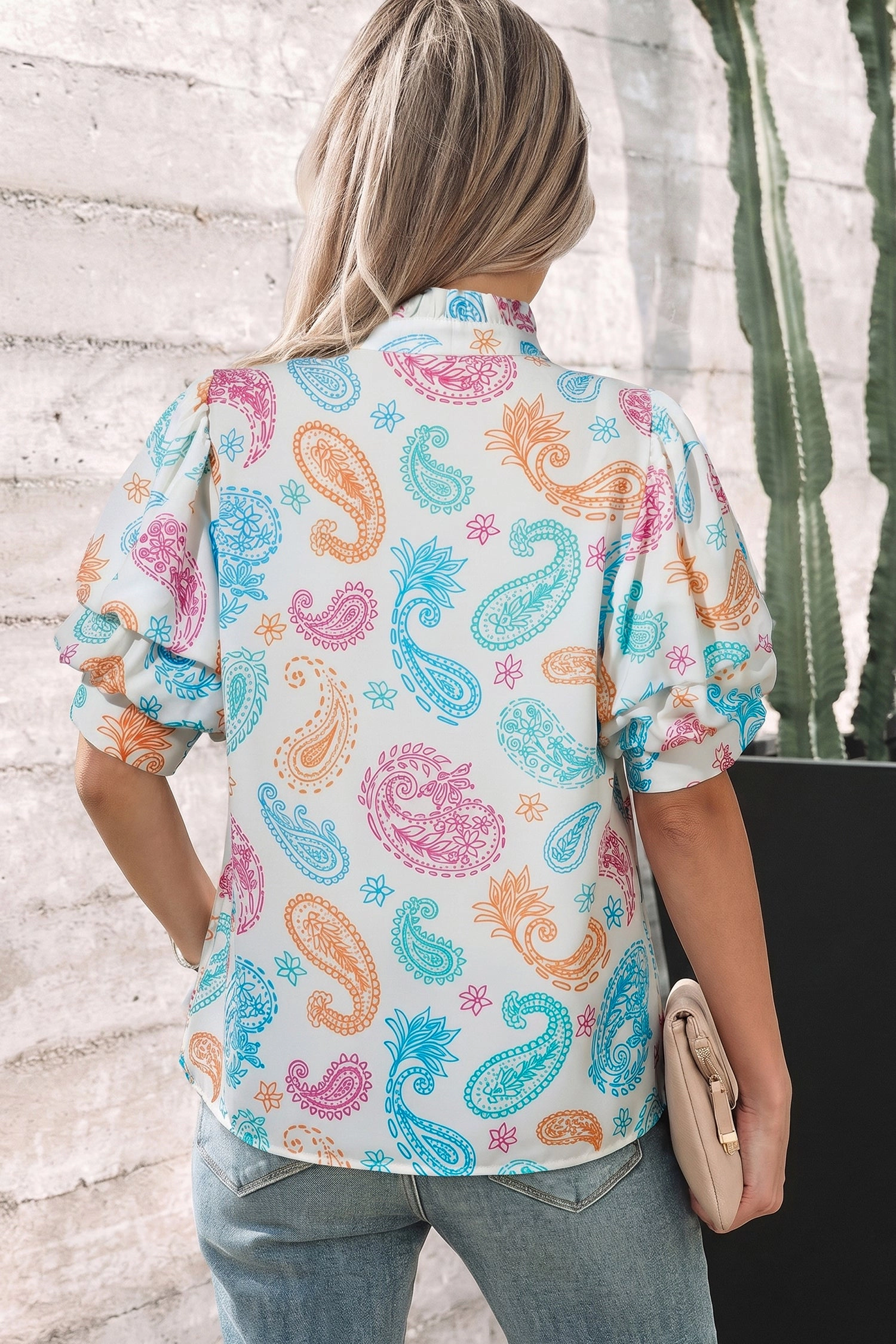Threaded Pear Women's Lilyana Keyhole Puff Sleeve Blouse