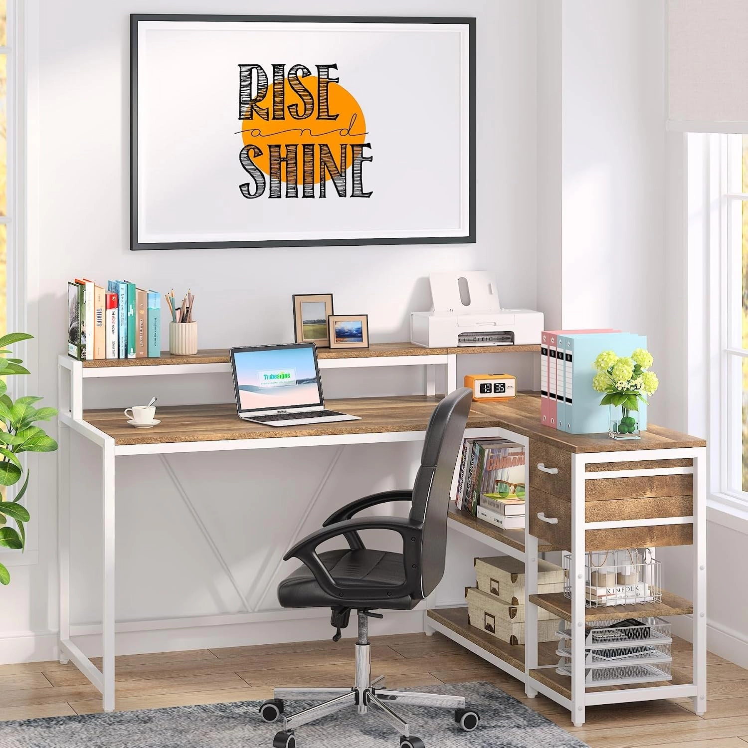 Tribesigns L-Shaped Wood Desk with Drawers
