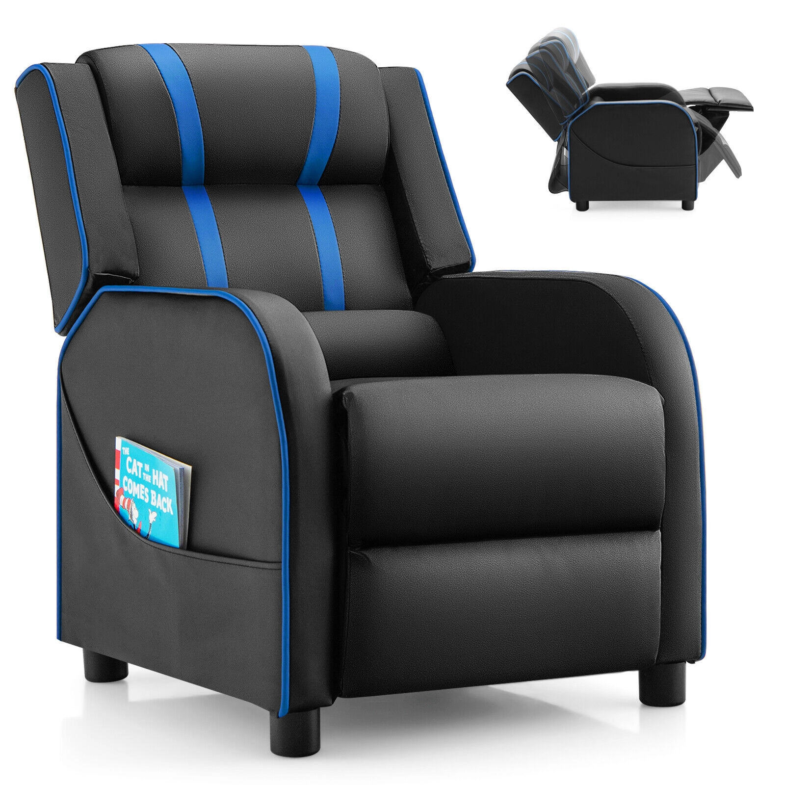 SUGIFT High-Density Sponge Kids Recliner Chair with Side Pockets and Footrest 110-lb Capacity Ages 3-12 Blue