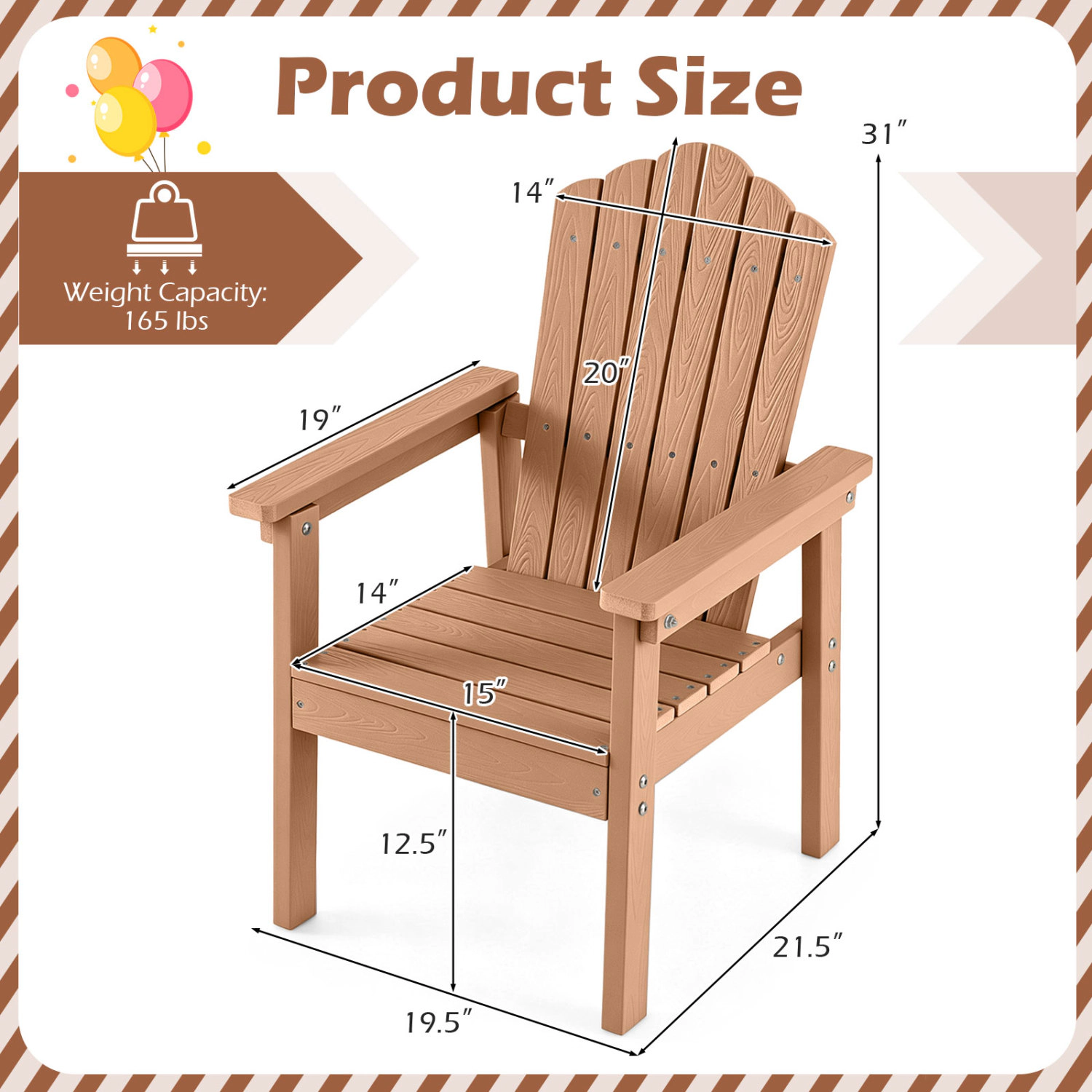 LJG Outdoor Adirondack Chair with High Backrest and Wide Armrests for Deck Poolside
