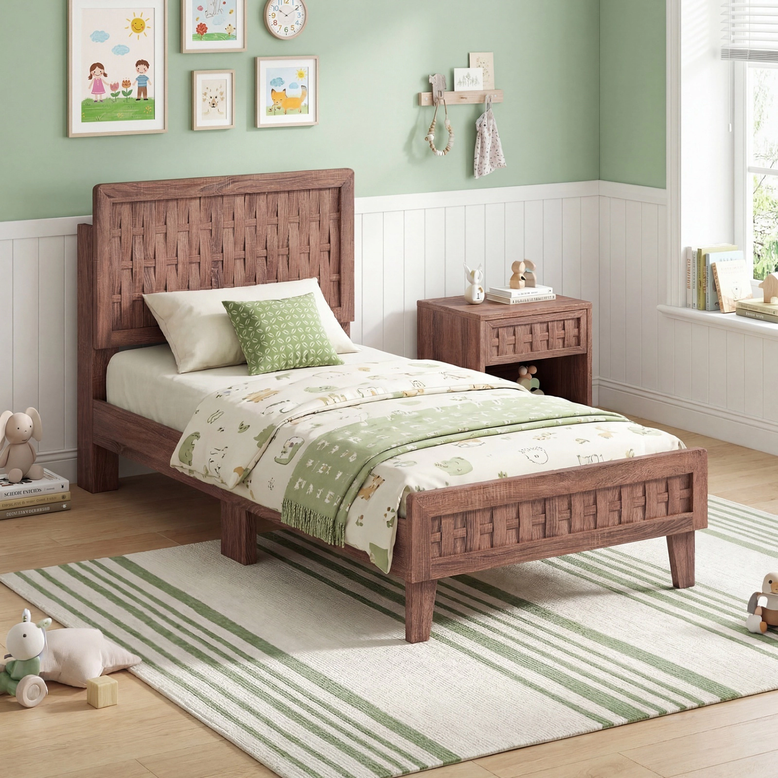 SUGIFT Twin Mid-Century Platform Bed Frame, Woven Accent Headboard and Footboard, Walnut