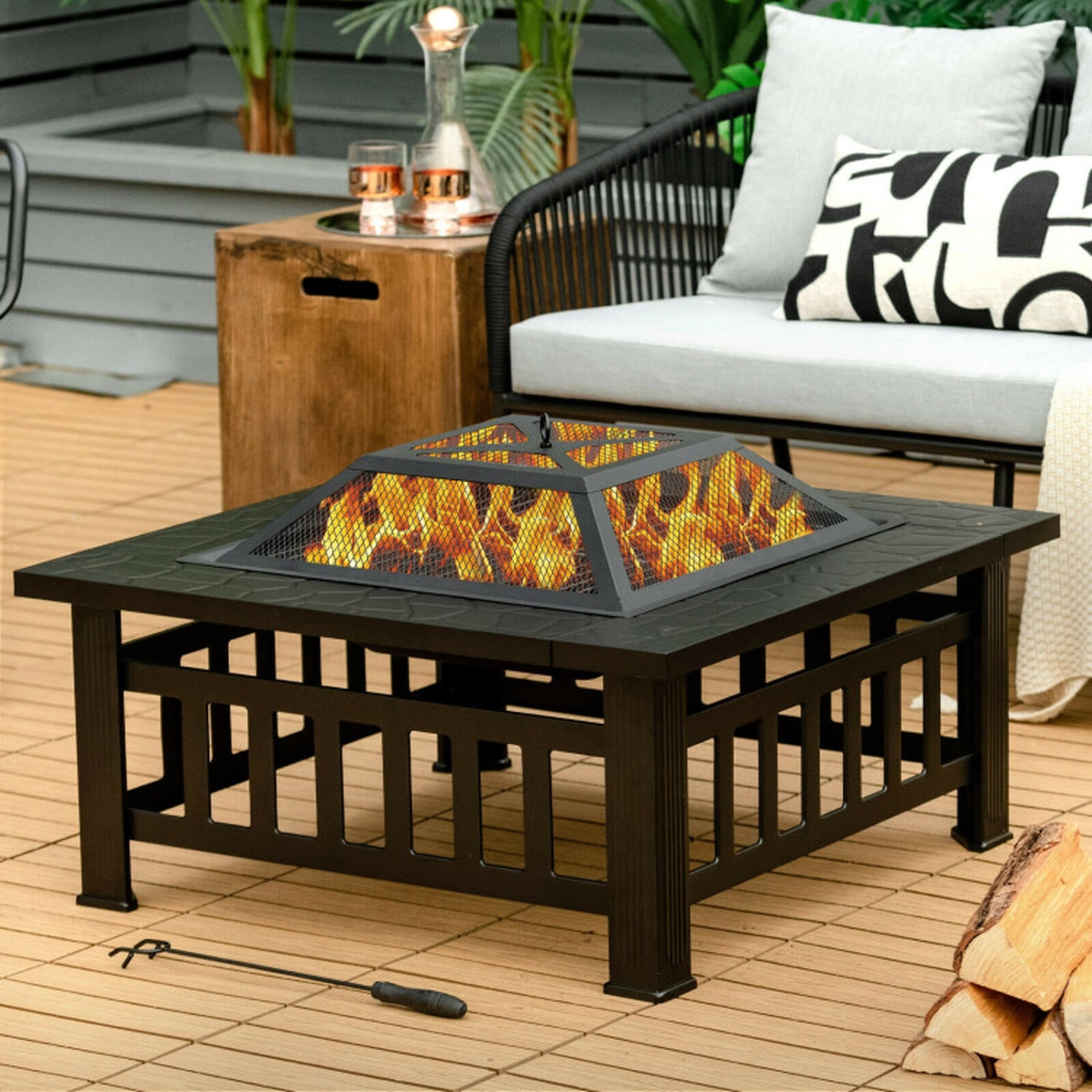 SUGIFT 3-in-1 Square Black Fire Pit Table with Grill Grate 32-in W 32-in D 19.5-in H 22-lb Fire Bowl Capacity