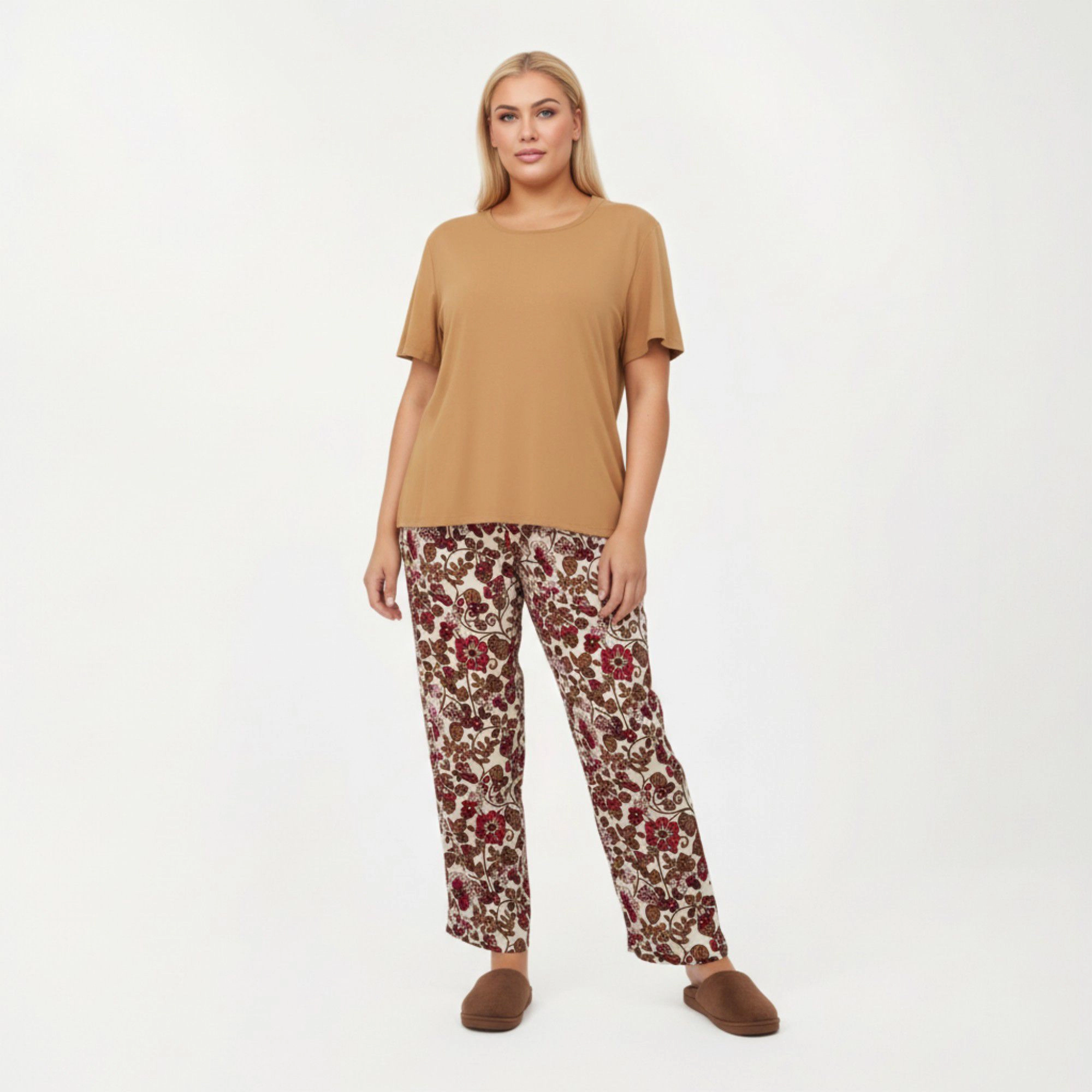 Anna-Kaci Women's 2-Piece Short Sleeve Knit Top and Printed Wide Leg Pajama Pants with Soft Stretch Fabric
