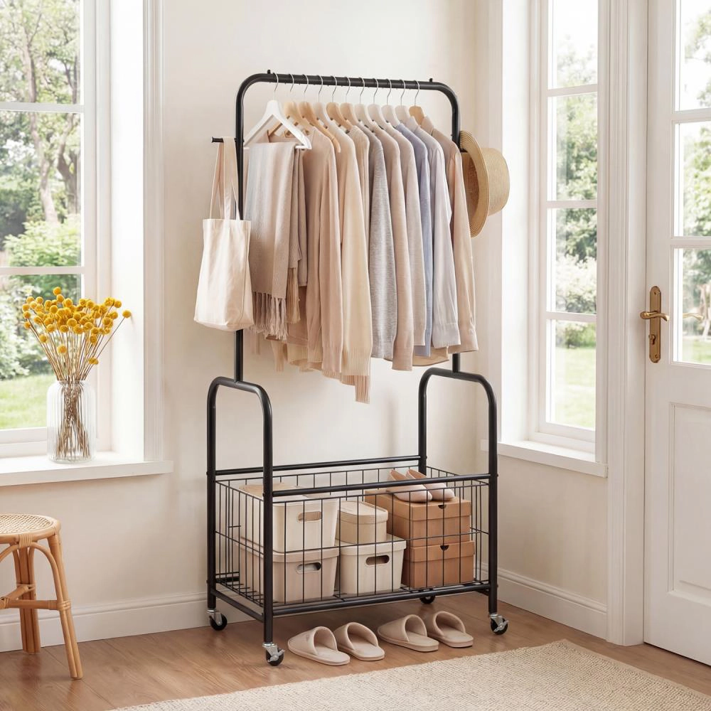 Hivvago Rolling Metal Clothes Rack with Hanging Rod and Storage Basket