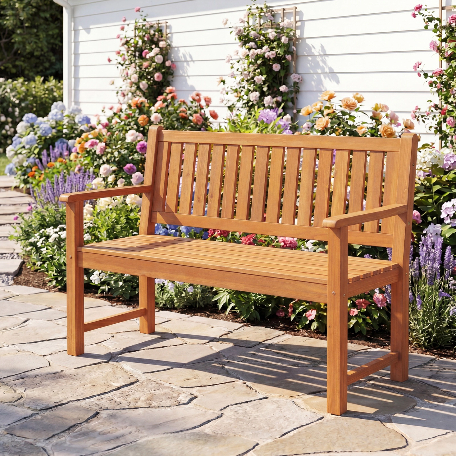SUGIFT 2-Seater Outdoor Fir Wood Bench with Backrest and Armrests 660-lb Capacity Natural