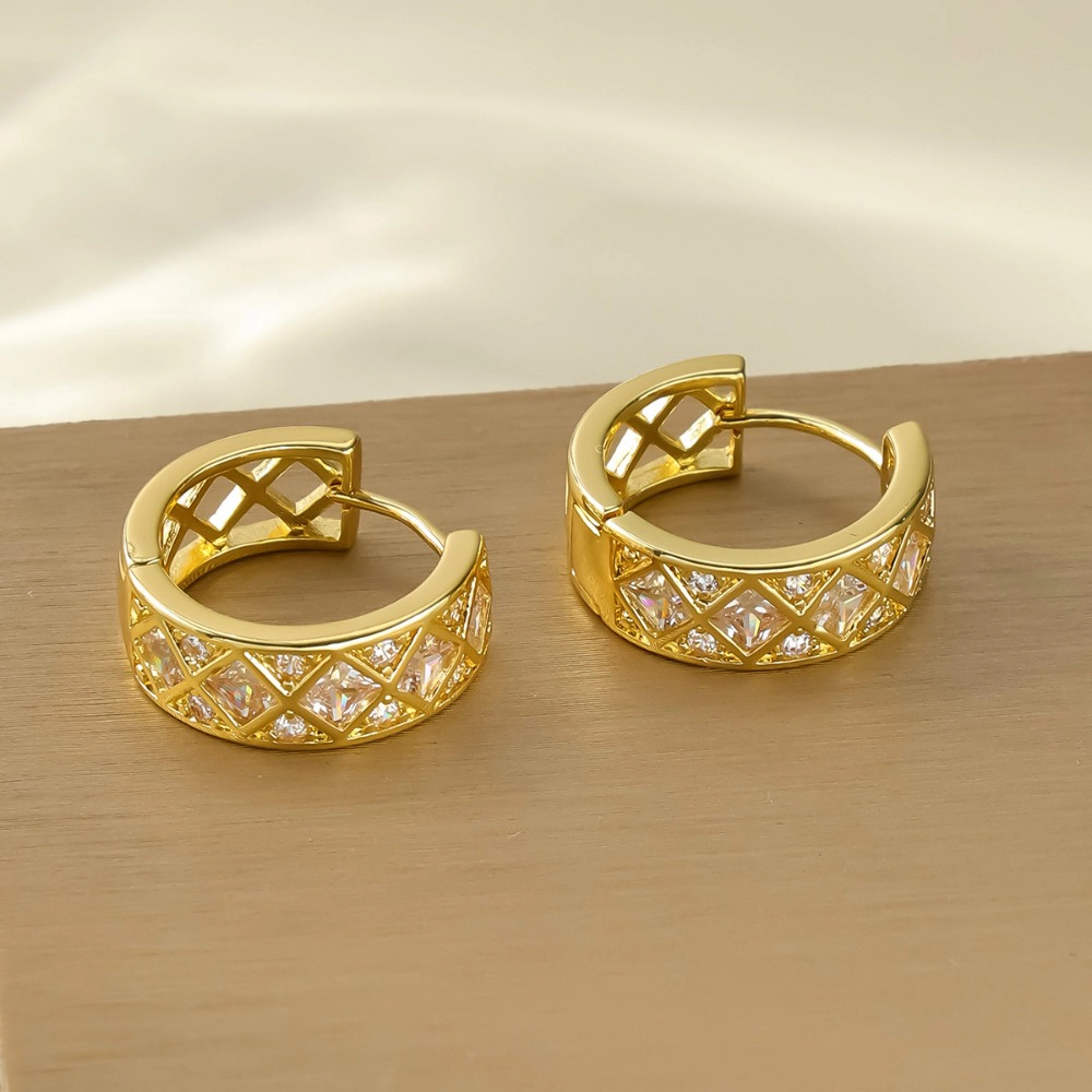 Hollow Lattice Cubic Zirconia Huggie Hoop Earring Gold Plated Rhombus CZ Hoop Earring