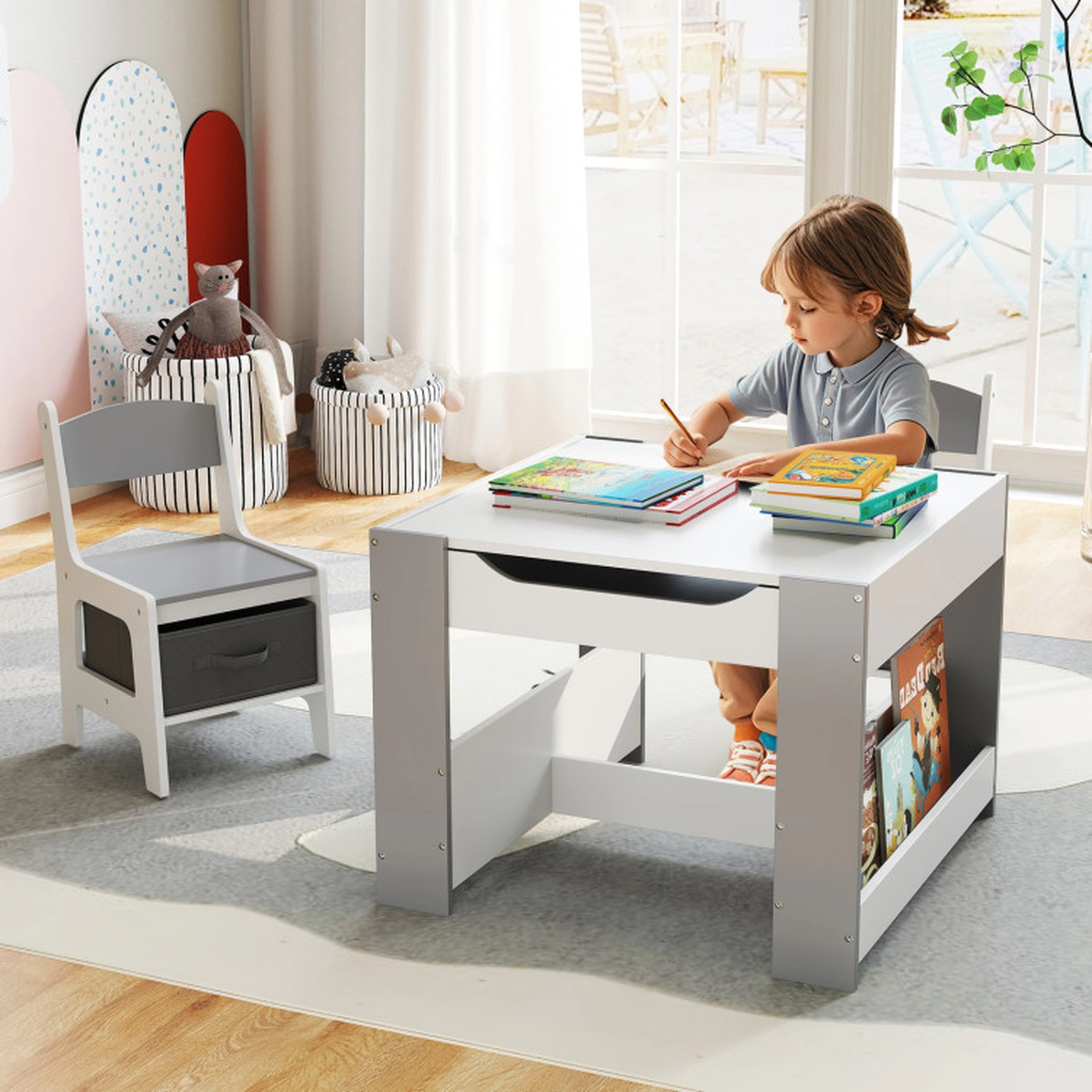 SUGIFT 4-in-1 Kids Toddler Table and 2-Chair Set with Reversible Tabletop 24-in Square Desk Ages 3+ White and Gray