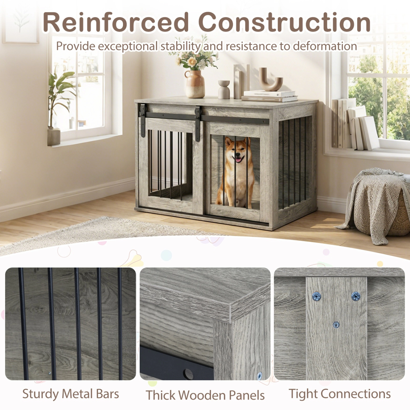 SUGIFT 31.5-in Heavy Duty Dog Crate Furniture Kennel with Sliding Barn Door and Metal Slatted Windows
