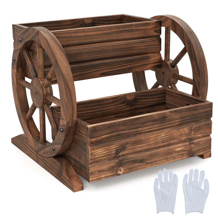 Hivvago 2-Tier Raised Garden Bed Rustic Wood Wagon Shape with Drainage Holes and Wheels