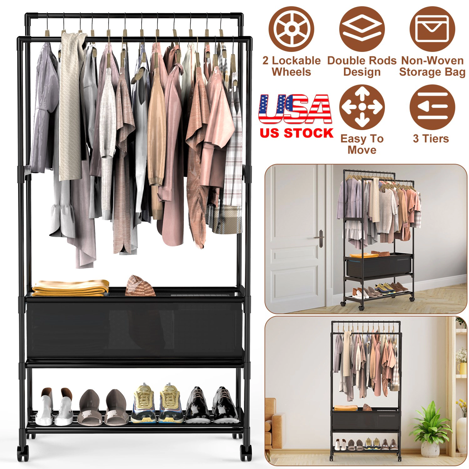 NEW Home Unisex Double-Rod Garment Rack With Storage
