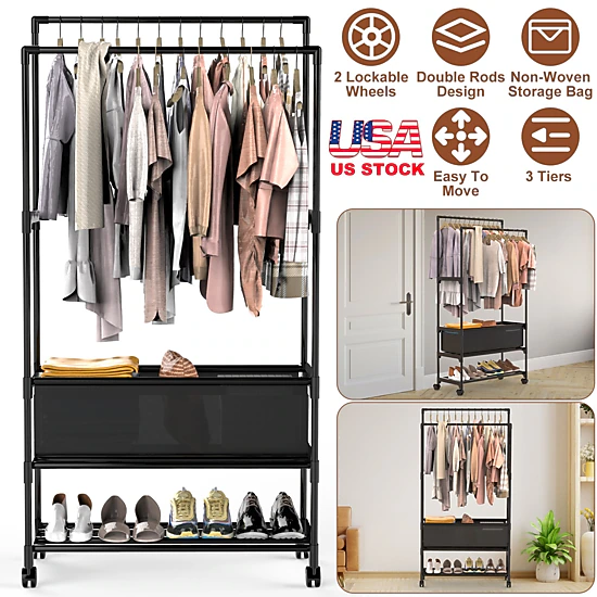 NEW Home Unisex Double-Rod Garment Rack With Storage