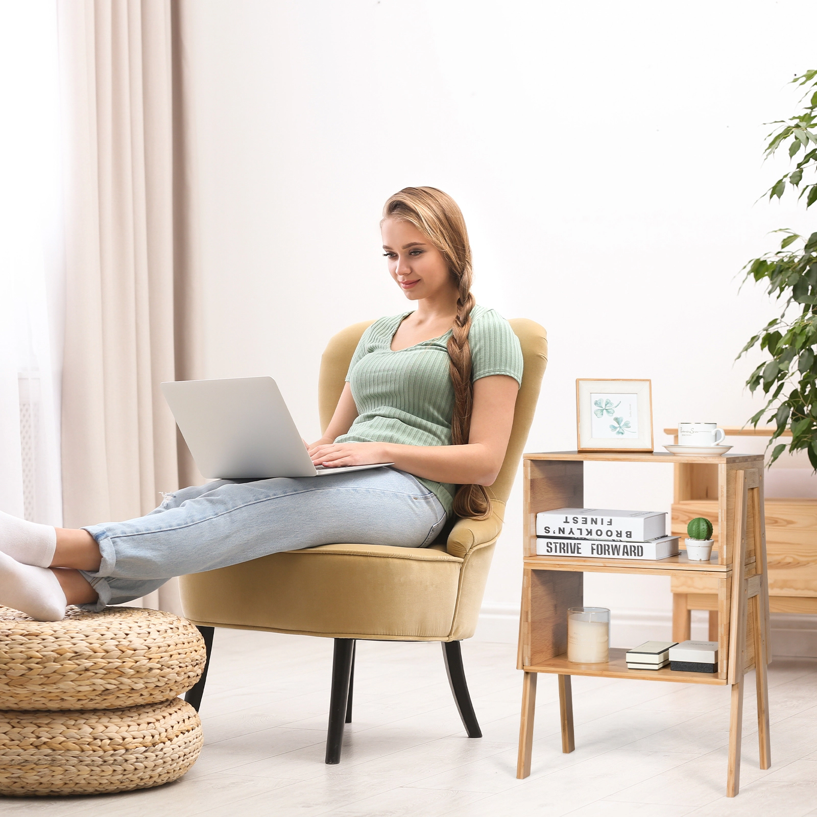 SUGIFT Set of 2 Stackable Bamboo Nightstands, 66 lb Capacity, Open Shelf, Natural Finish