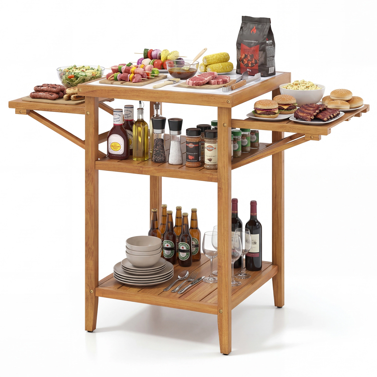 LJG Acacia Wood Outdoor Grill Table with Faux Marble Top and Drop-Leaf Side Panels