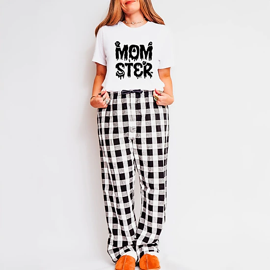 Simply Sage Market - Women's Plaid Pants and Tee Set of 2 - Momster Halloween