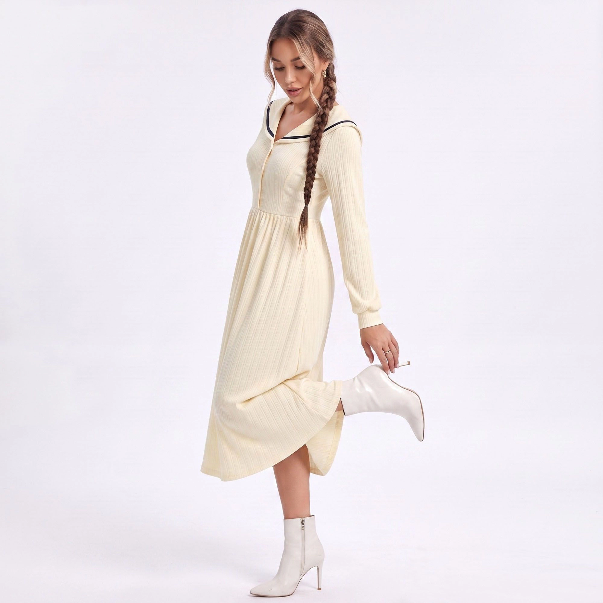 Anna-Kaci Women's Cream Sailor Collar Long Sleeve Button Front Fit Flare Midi Dress