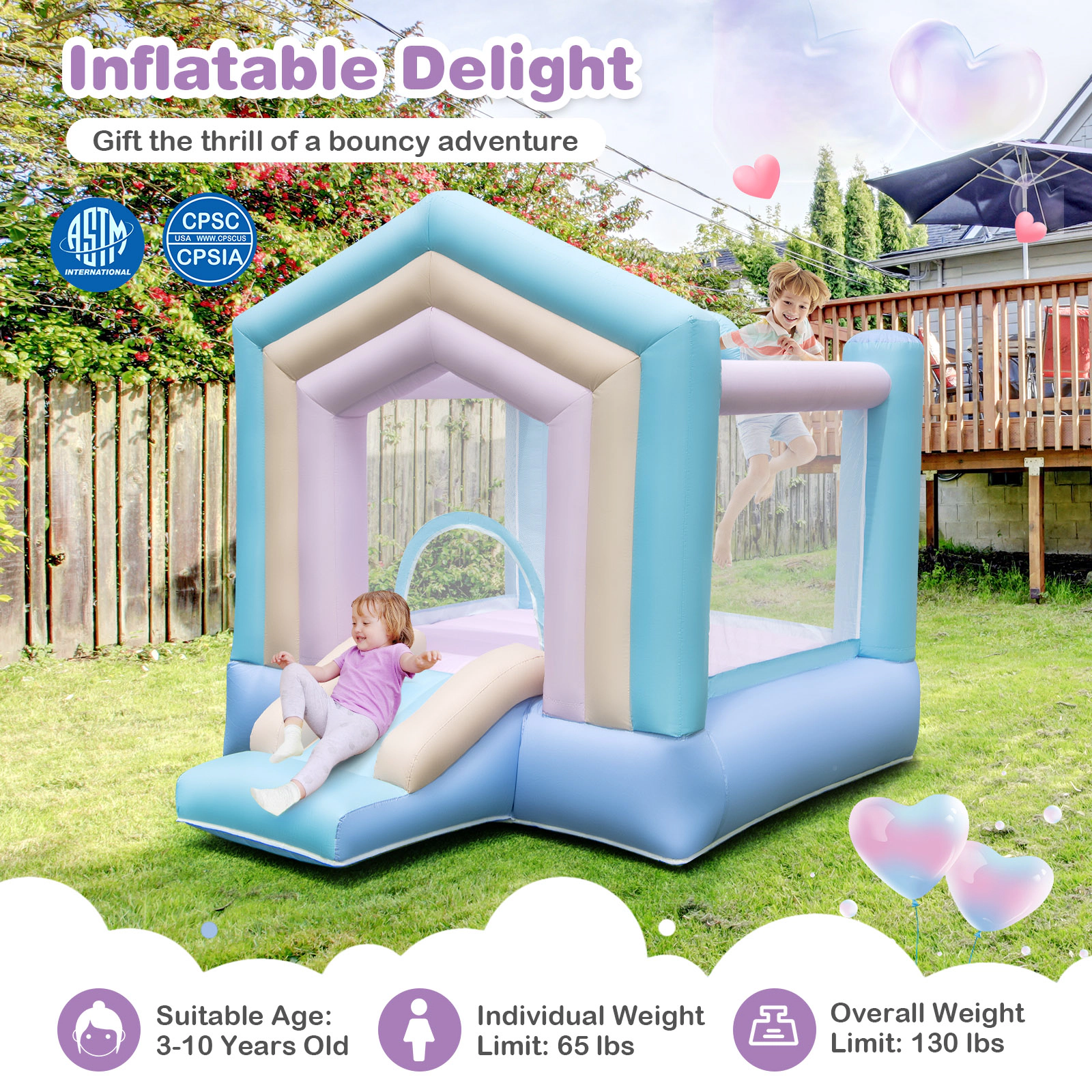 Kids Bounce House with Slide and Basketball Rim 480W Blower Bouncy Castle for Party 65-lb per Child 130-lb Total
