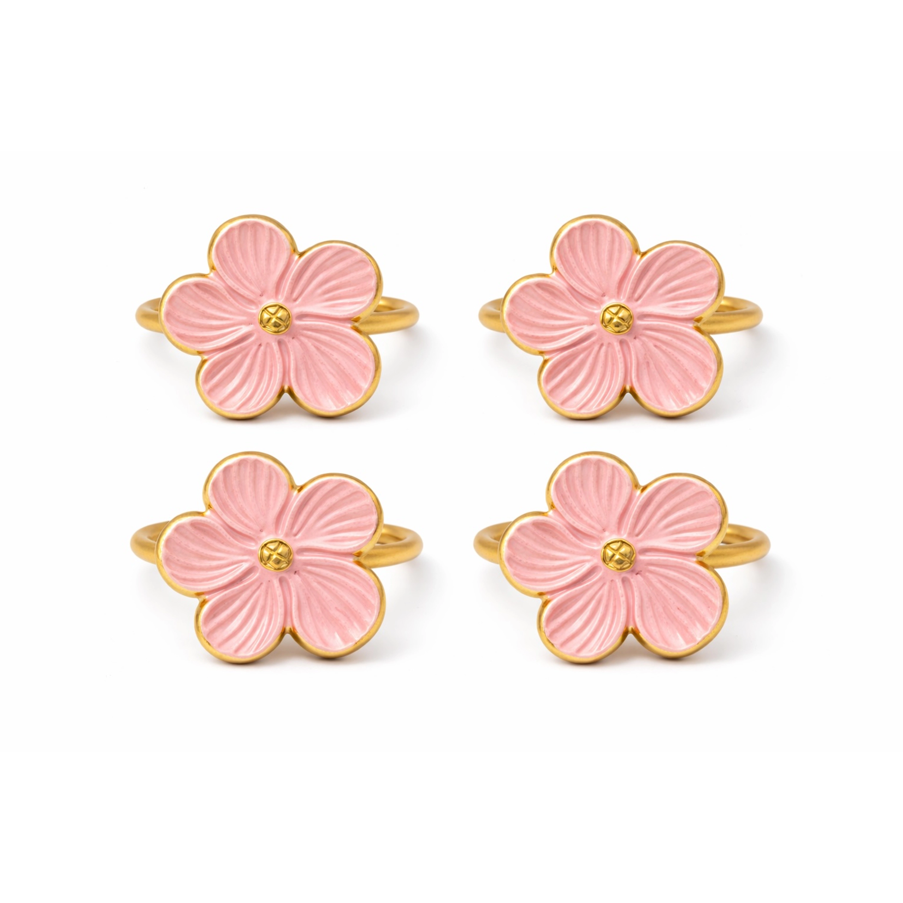 Dainty Home Pink Enamel Flower Napkin Rings Set of 4, Gold Metal Floral Table Décor