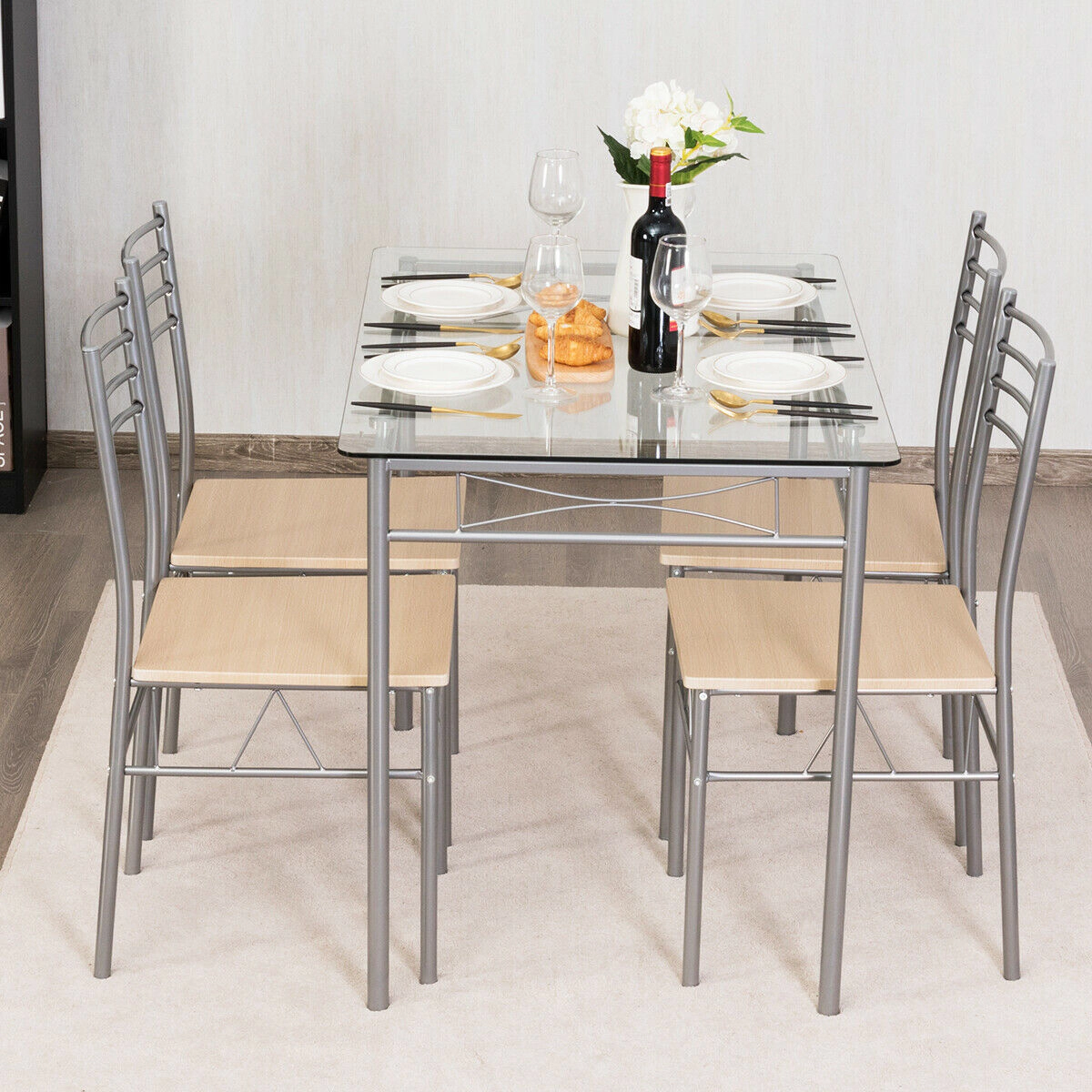 SUGIFT 5-Piece Silver 42-Inch Tempered Glass Dining Set with 4 High-Back Armless Chairs
