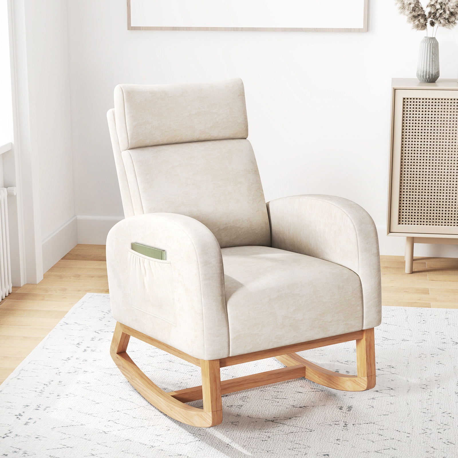 LJG Nursery Rocking Chair Upholstered Chenille Rocker Armchair with Natural Rubber Wood Frame