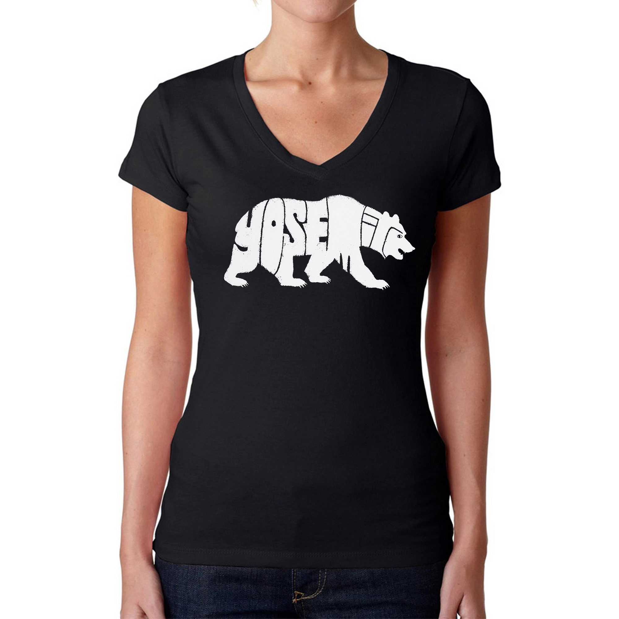 LA Pop Art Womens Word V-Neck T-Shirt - Yosemite Bear