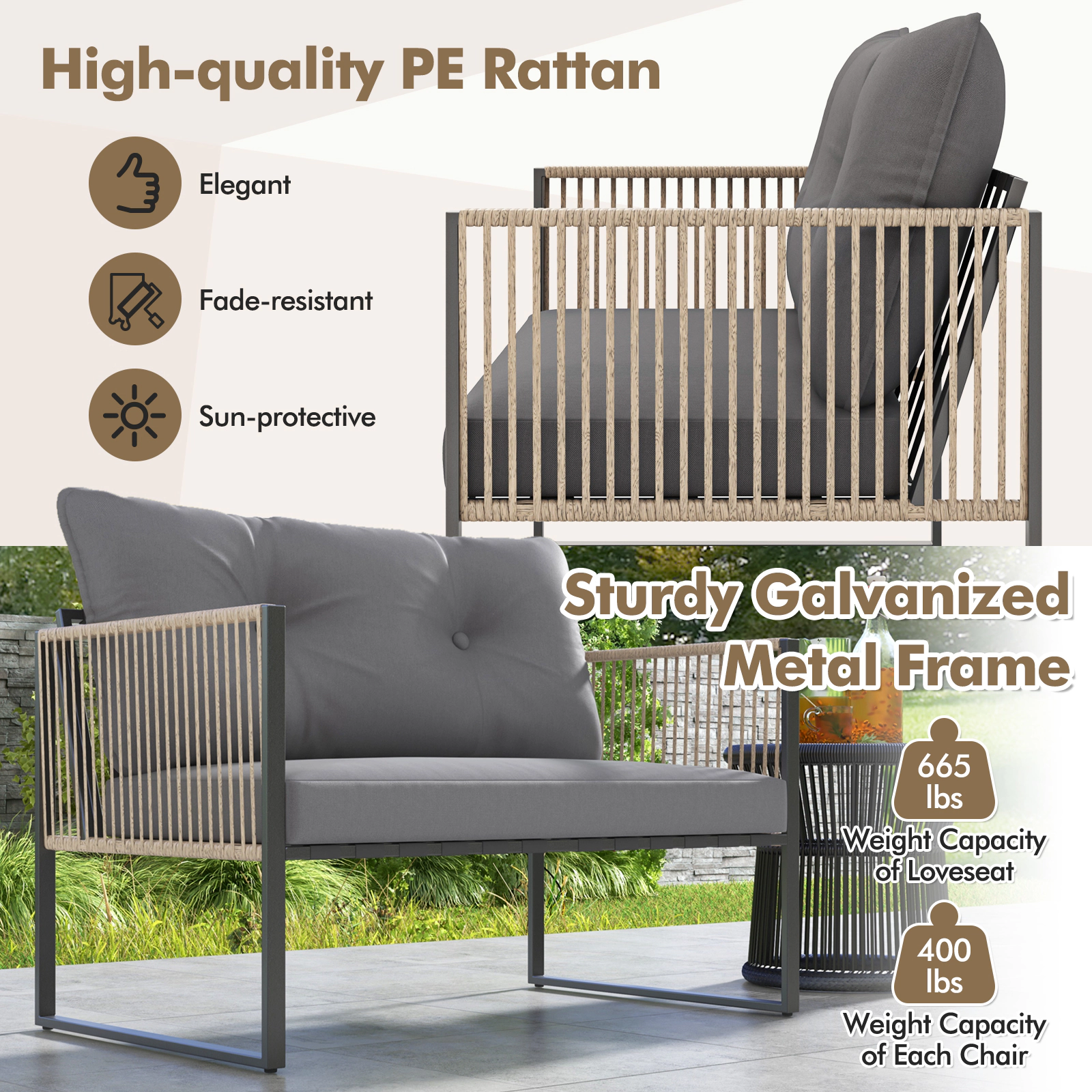 SUGIFT Outdoor Conversation Sofa Set with Cushions 400-lb Chair 665-lb Loveseat Gray