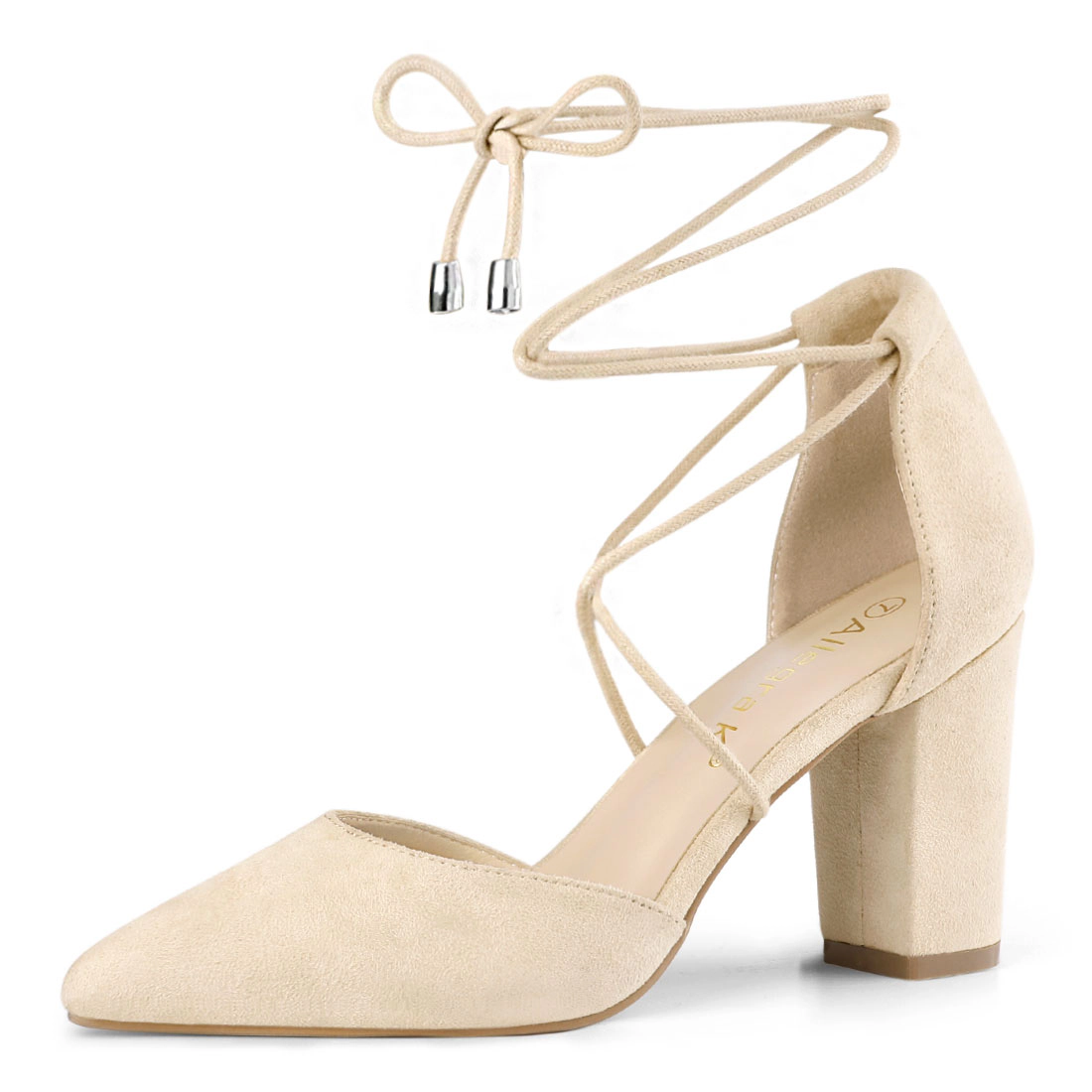BLISSFUL STEP Women Faux Suede Pointed Toe Chunky Heels Lace Up Sandals Pumps