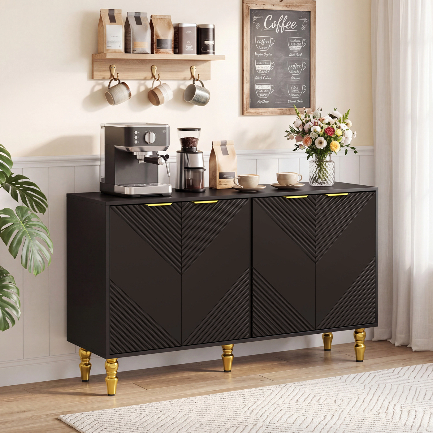 LJG 47" Sideboard Buffet Cabinet with 4 Chevron Fluted Doors & Anti-Toppling Devices for Kitchen