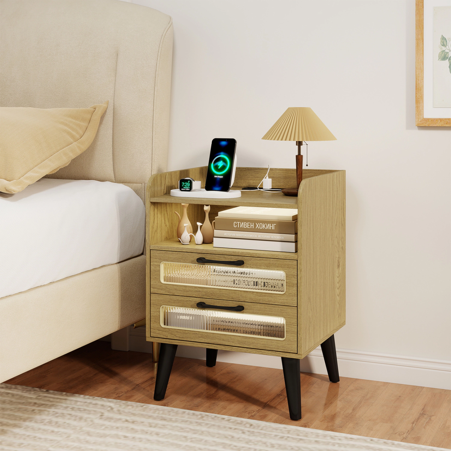 Glintex Mid-Century LED Nightstand with Fluted Drawer Fronts and Anti-Drop Stoppers
