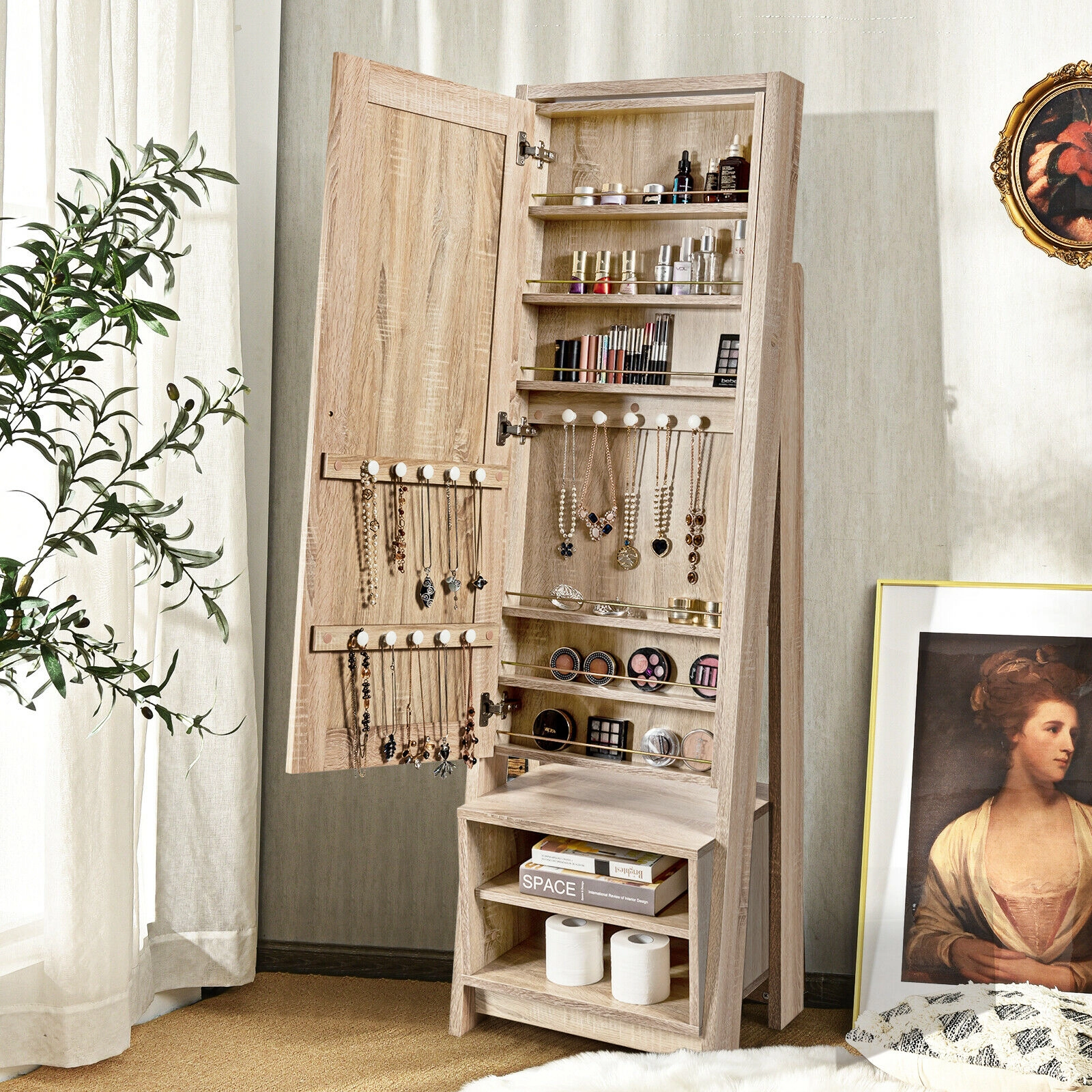 Slickblue 68 Inch Freestanding Jewelry Cabinet with Full-Length Mirror and Storage Shelves