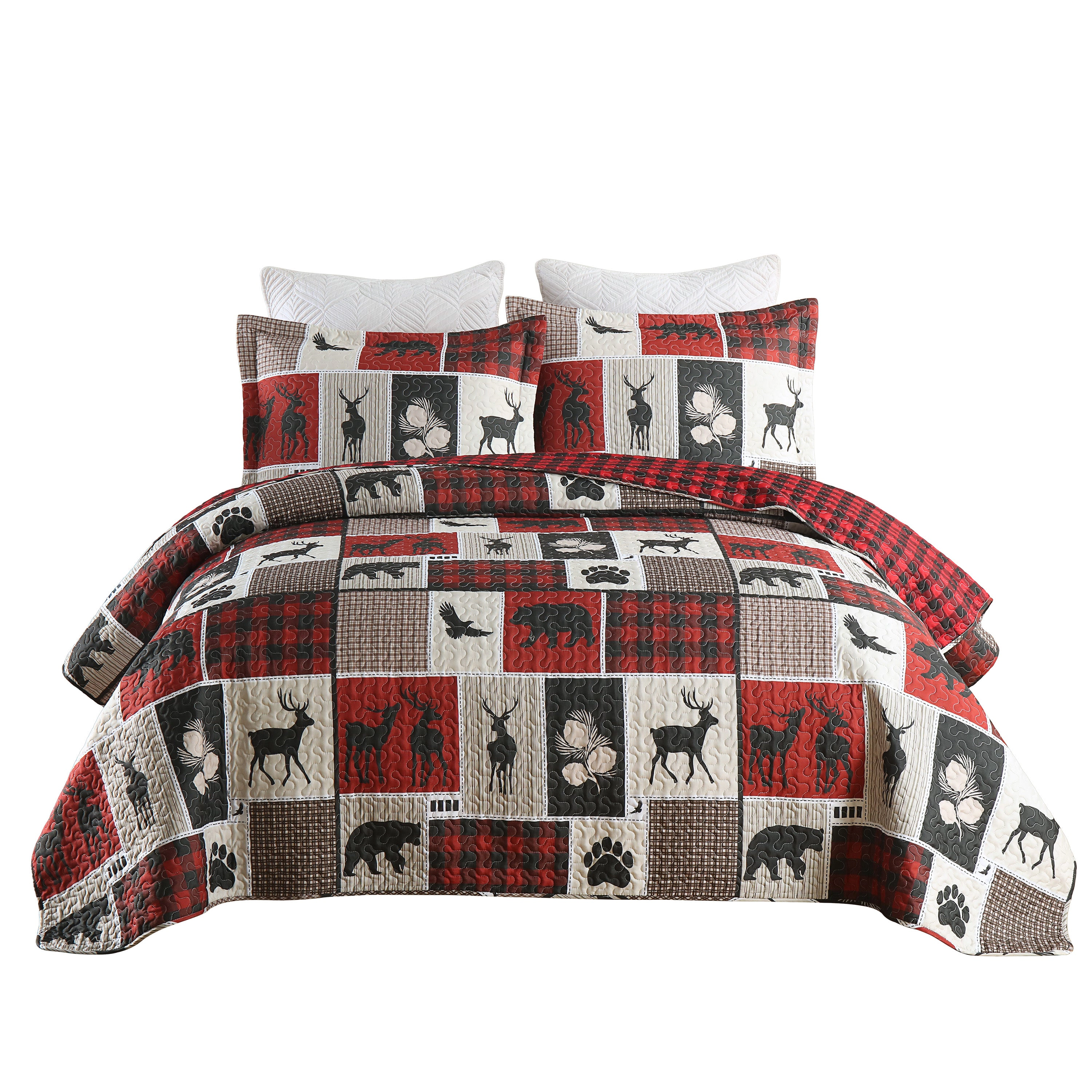 MarCielo 3 Piece Rustic Lodge Quilt Set, Bear Moose Plaid Patchwork Bedspread Set
