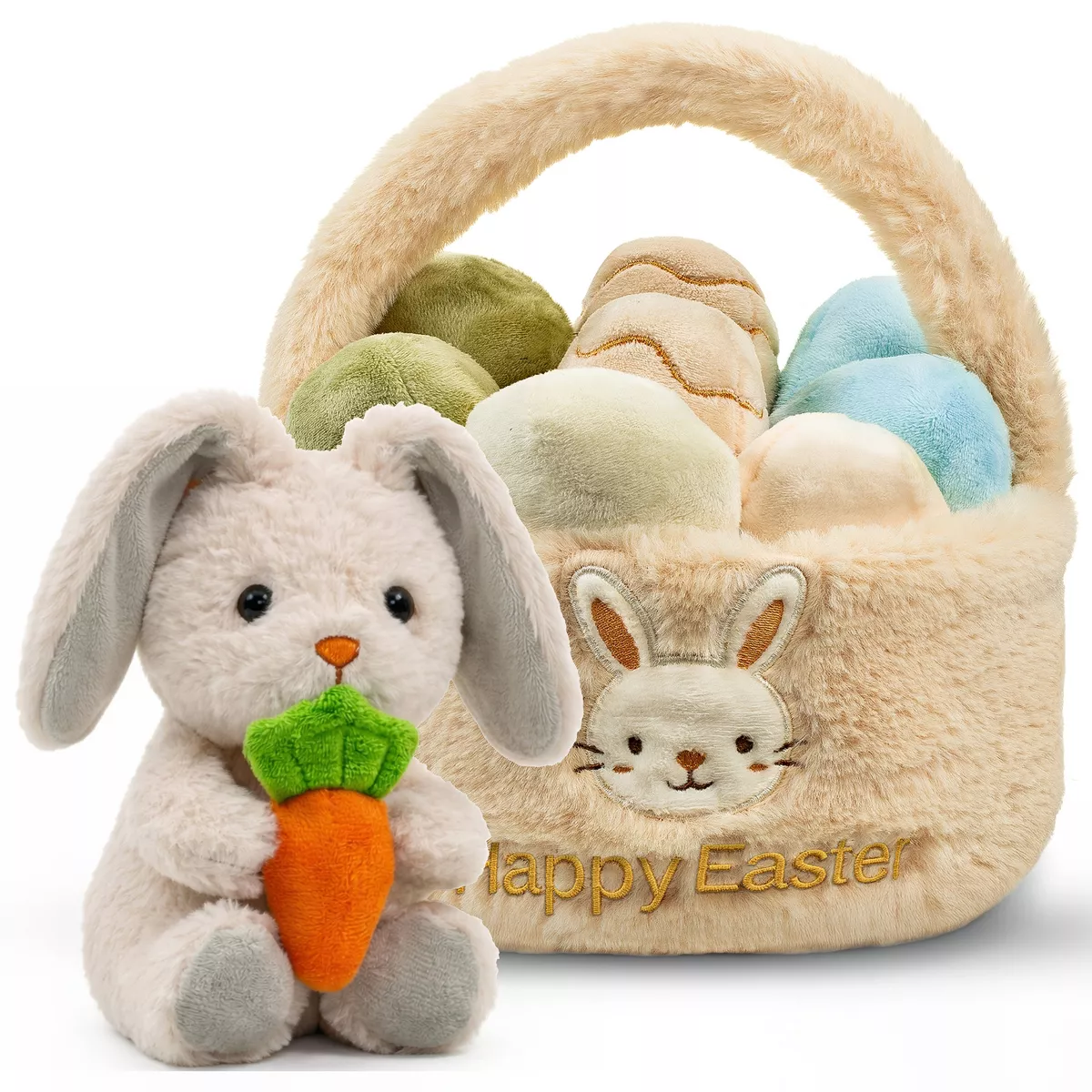 Sperric Easter Plush Bunny & Easter Egg Plush Basket Toy Set - Cute Stuffed Plush Bunny & Easter Basket Plush with Eggs