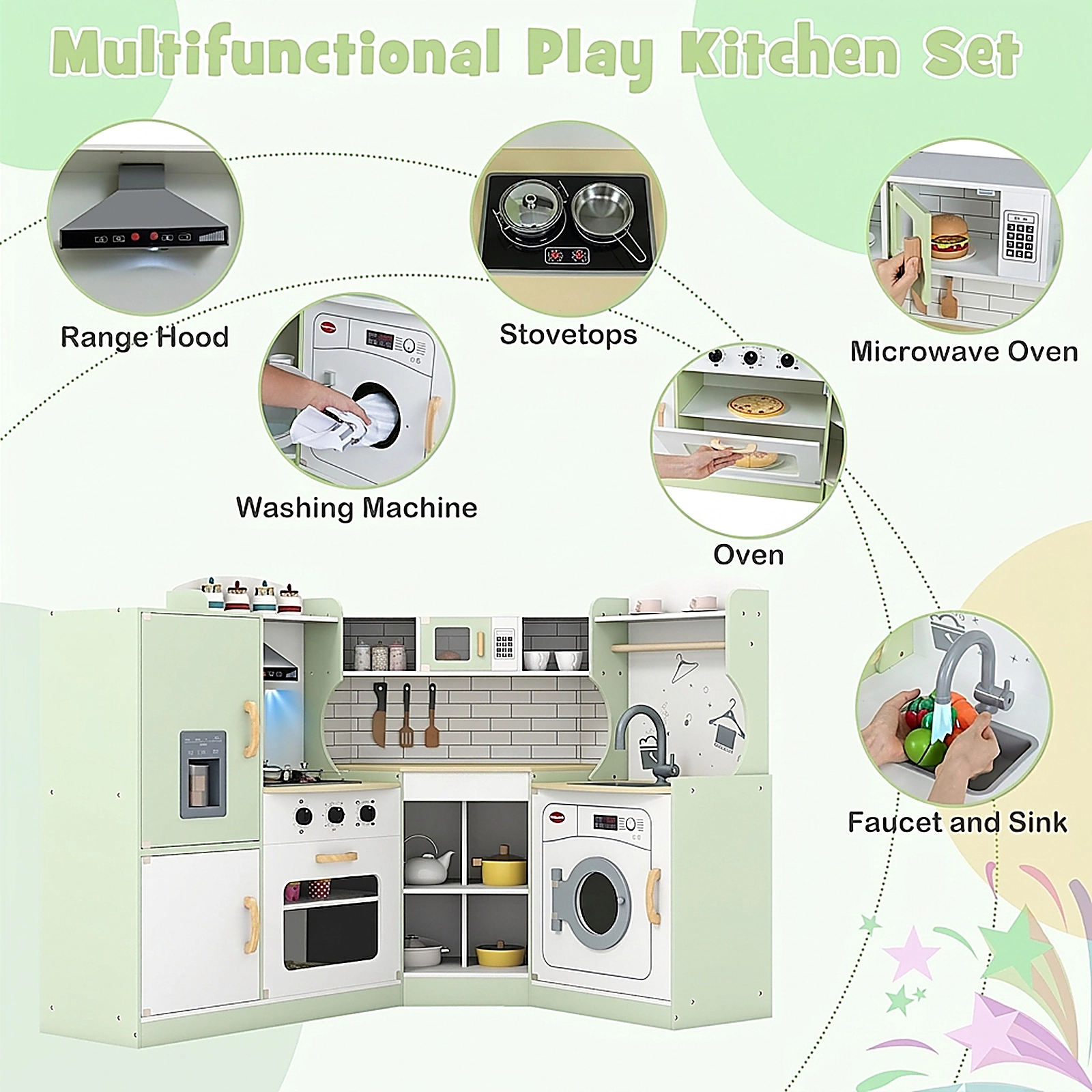 SUGIFT Corner Kids Play Kitchen with Washing Machine, Ice Maker and Storage 37-in Tall Ages 3-10 Years White Pink Brown