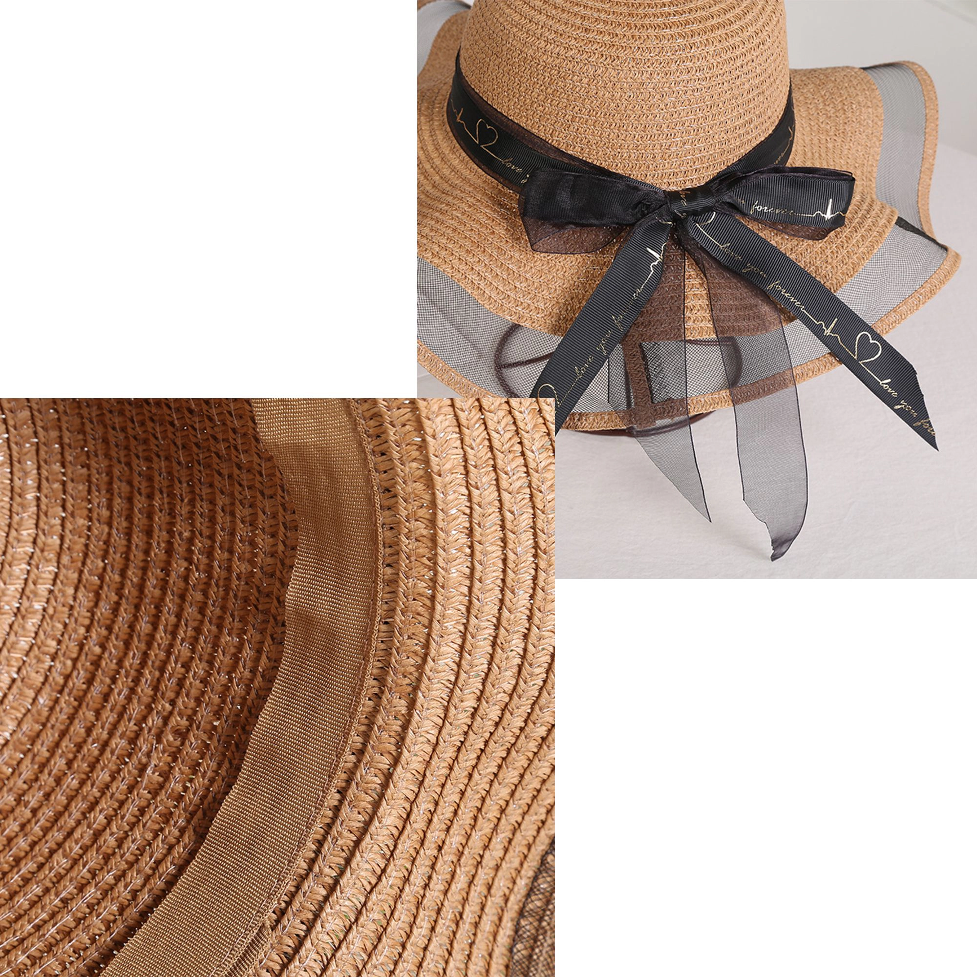 Anna-Kaci Women's Wide Brim Straw Sun Hat Sheer Mesh Trim Bow Ribbon Summer Beach Elegant Style