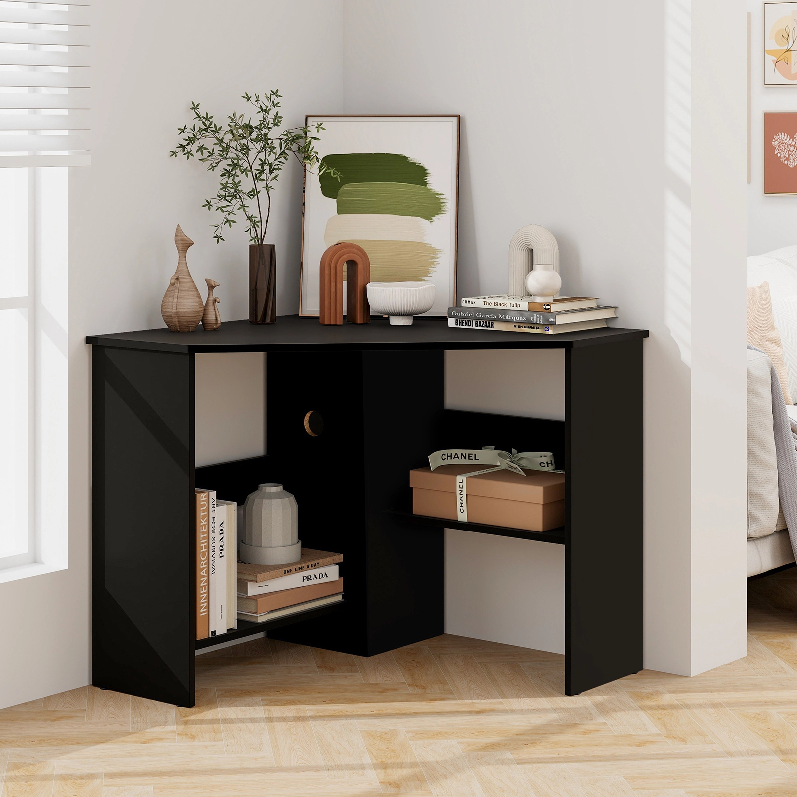 LJG Corner Computer Desk Triangle Writing Workstation with Storage Shelf
