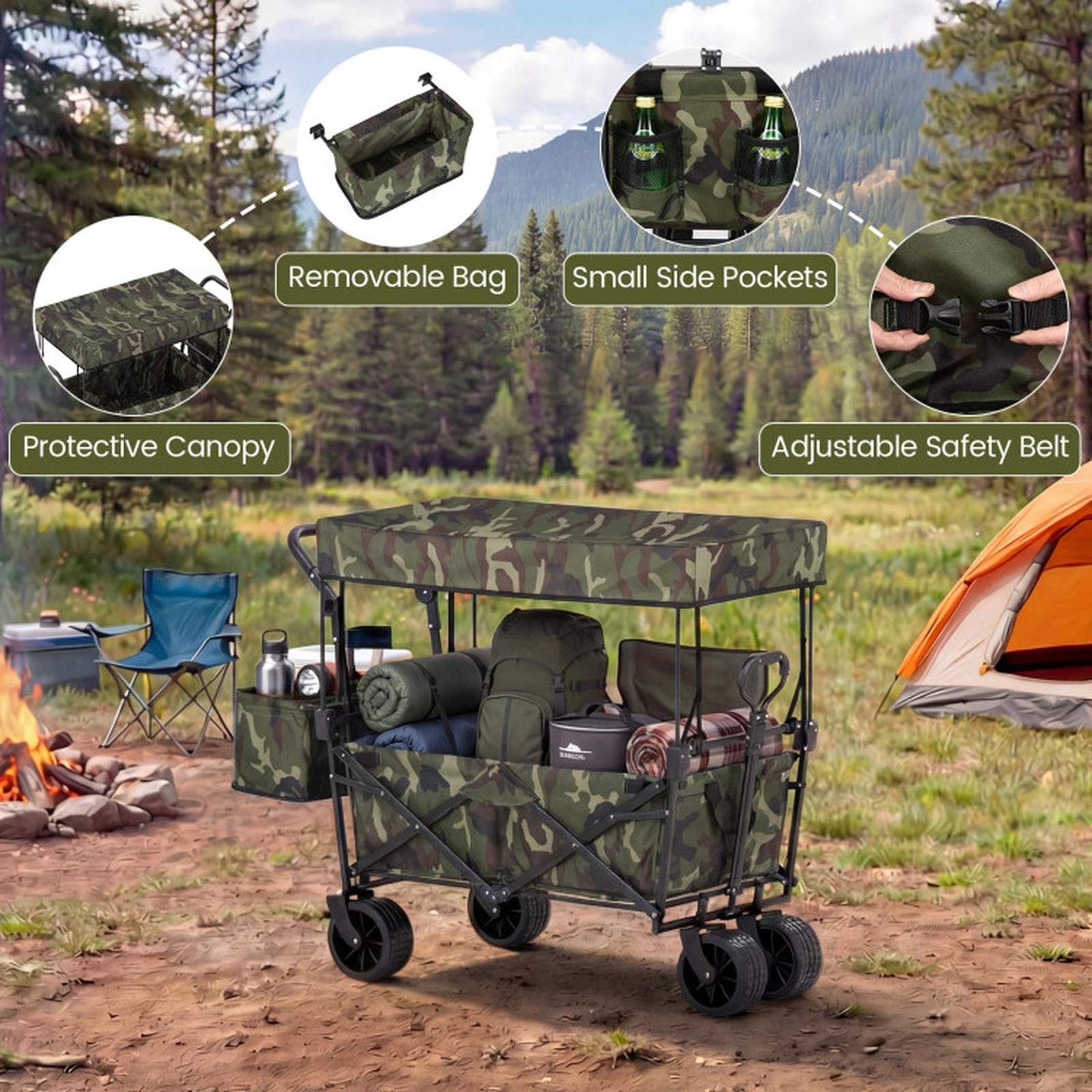 SUGIFT Camouflage Collapsible Wagon with Removable Canopy and Storage Bag 46-in W 38-in H 150-lb Load Capacity