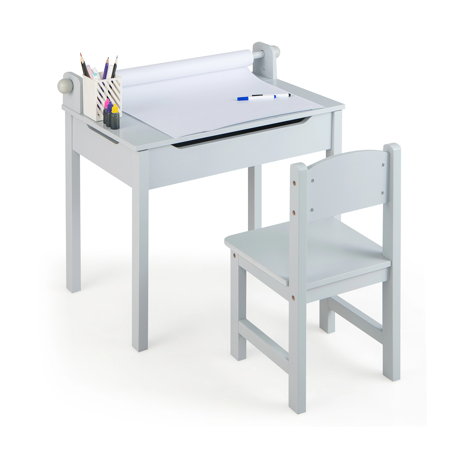 SUGIFT Gray Paper Roll Holder and Flip-Top Storage Wooden Kids Table and Chair Set