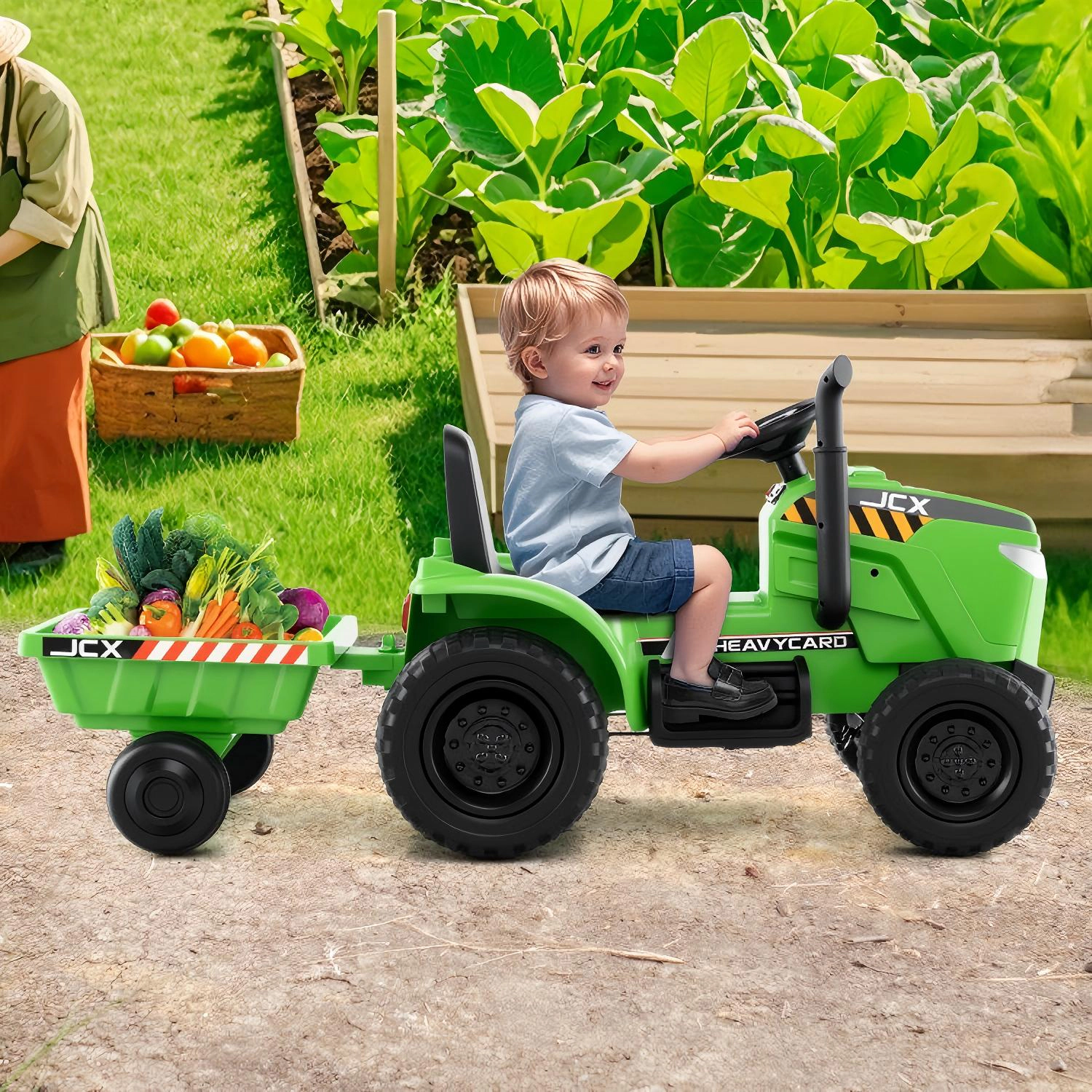 SUGIFT 12V 2-in-1 Kids Ride On Tractor with Detachable Trailer and 3-Gear Shift 66-lb Capacity Ages 3-8 Green