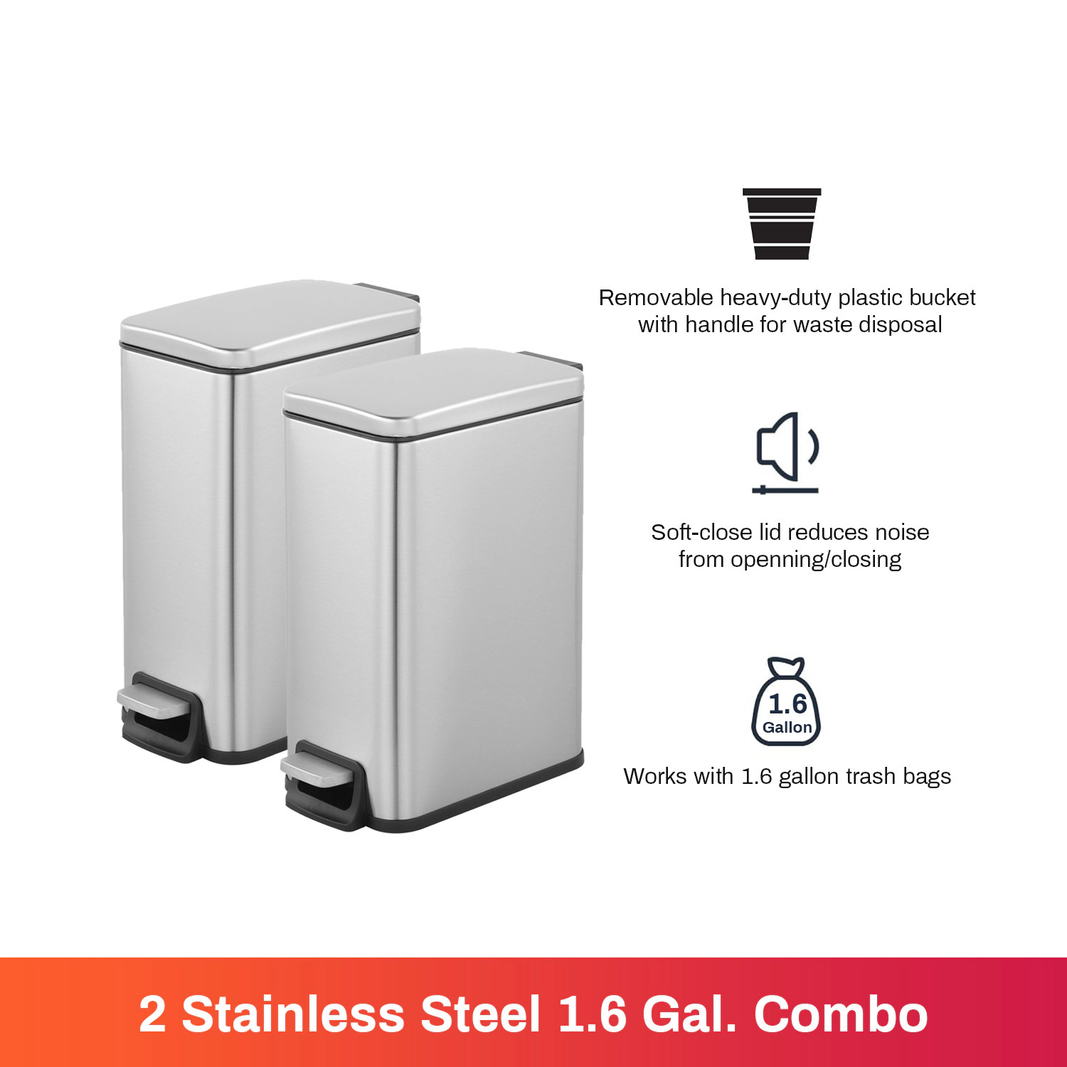 Innovaze Two 1.6 Gallon/6 Liter Rectangular Step-on Trash Can Set For Bathroom and Office
