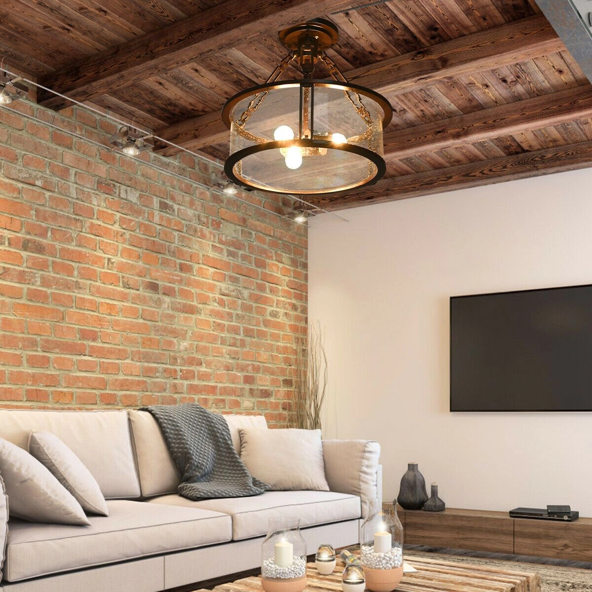 SlickBlue 3-Light Flush Mount Ceiling Light, Seeded Glass, Brown