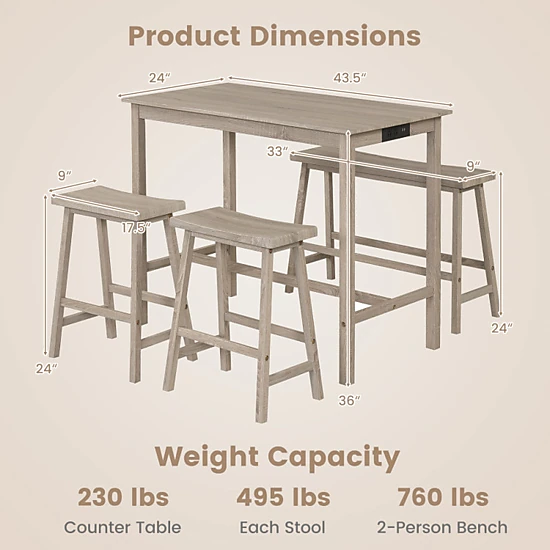 Hivvago 4-Piece Counter Height Dining Table Set With Power Outlet Solid Rubber Wood Kitchen Table